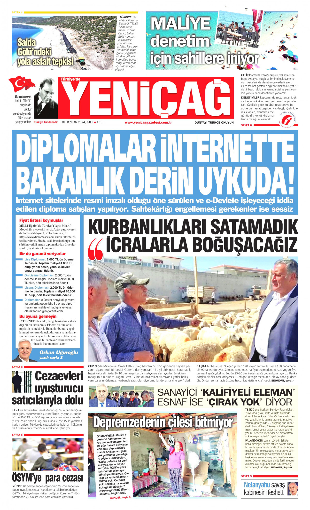 YENİÇAĞ gazetesinin 18 Haziran 2024 tarihli birinci sayfası