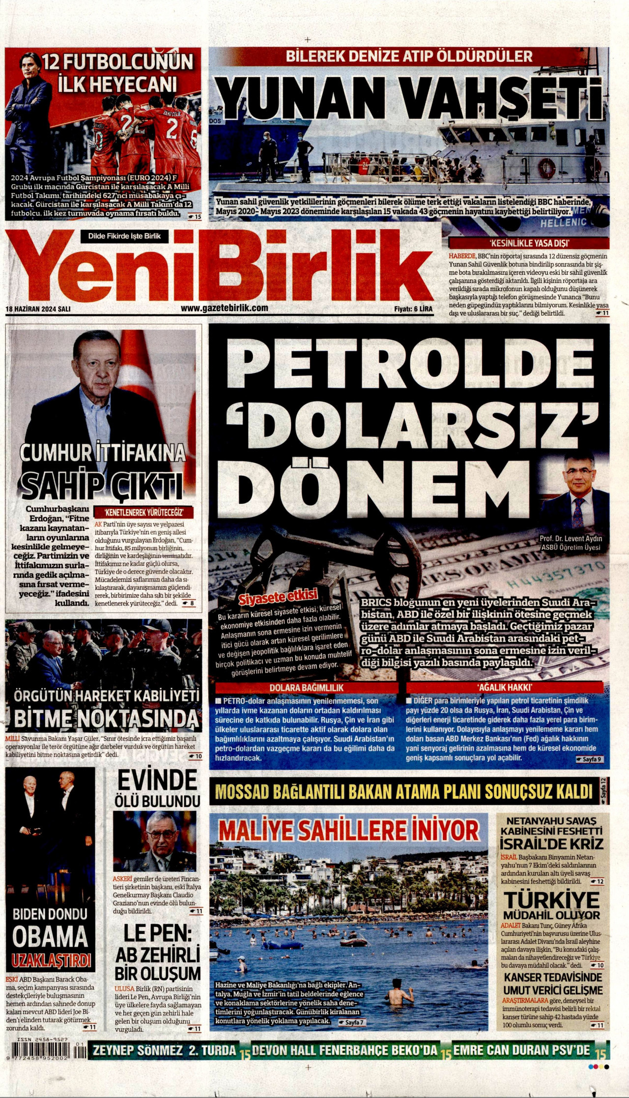 YENİBİRLİK gazetesinin 18 Haziran 2024 tarihli birinci sayfası