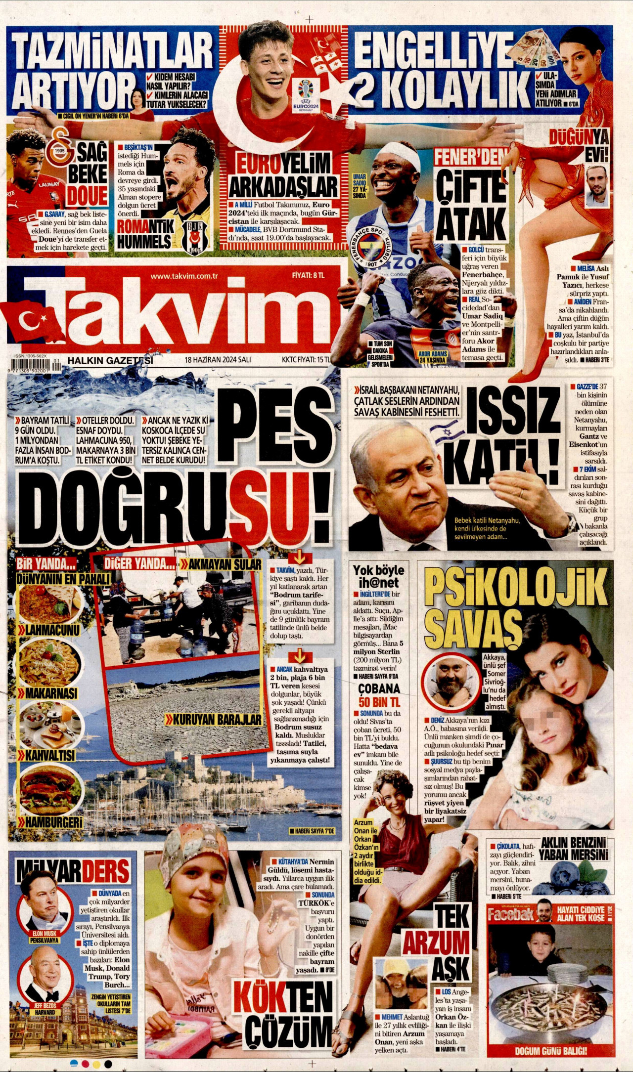 TAKVİM gazetesinin 18 Haziran 2024 tarihli birinci sayfası