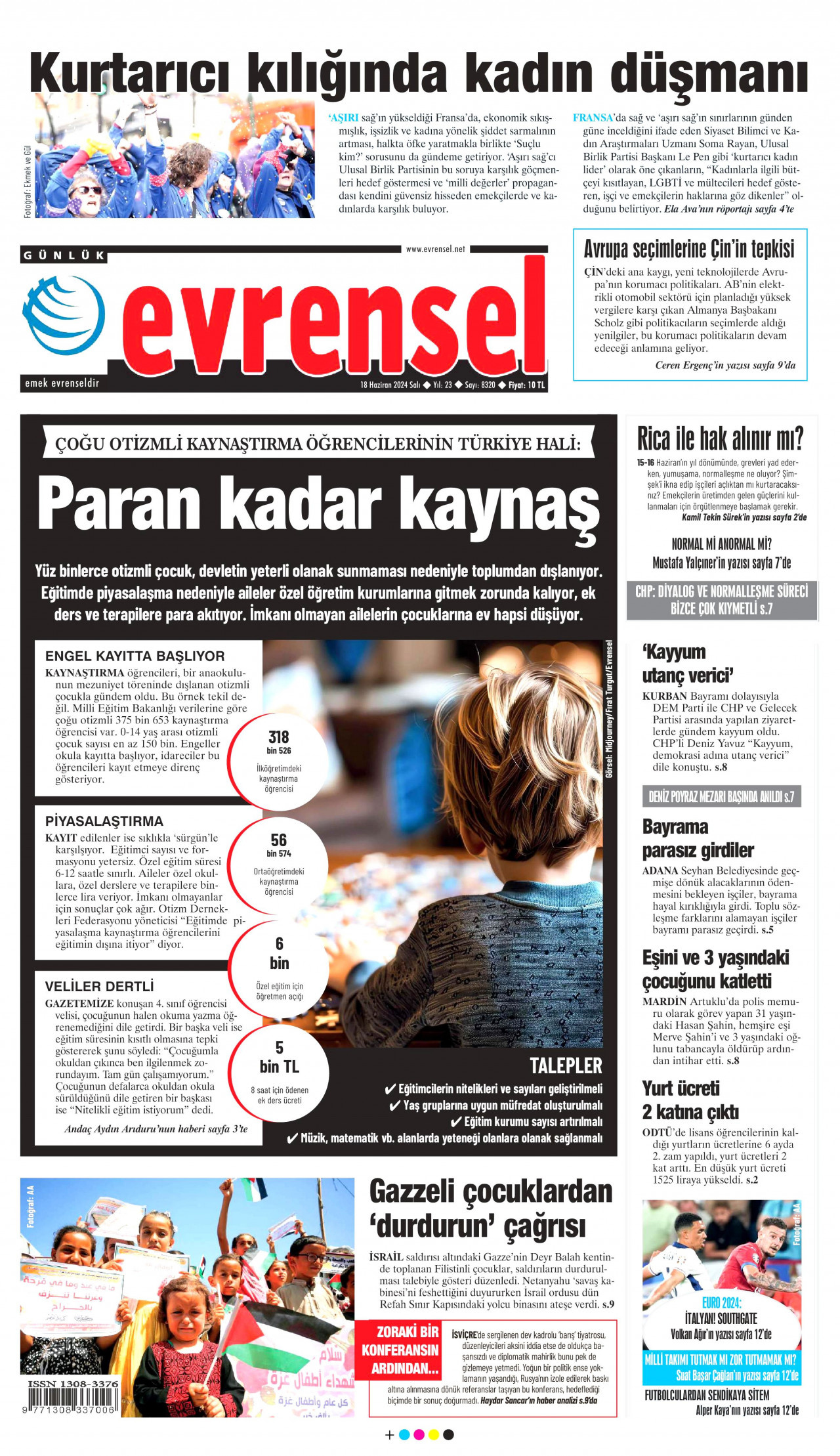 EVRENSEL gazetesinin 18 Haziran 2024 tarihli birinci sayfası