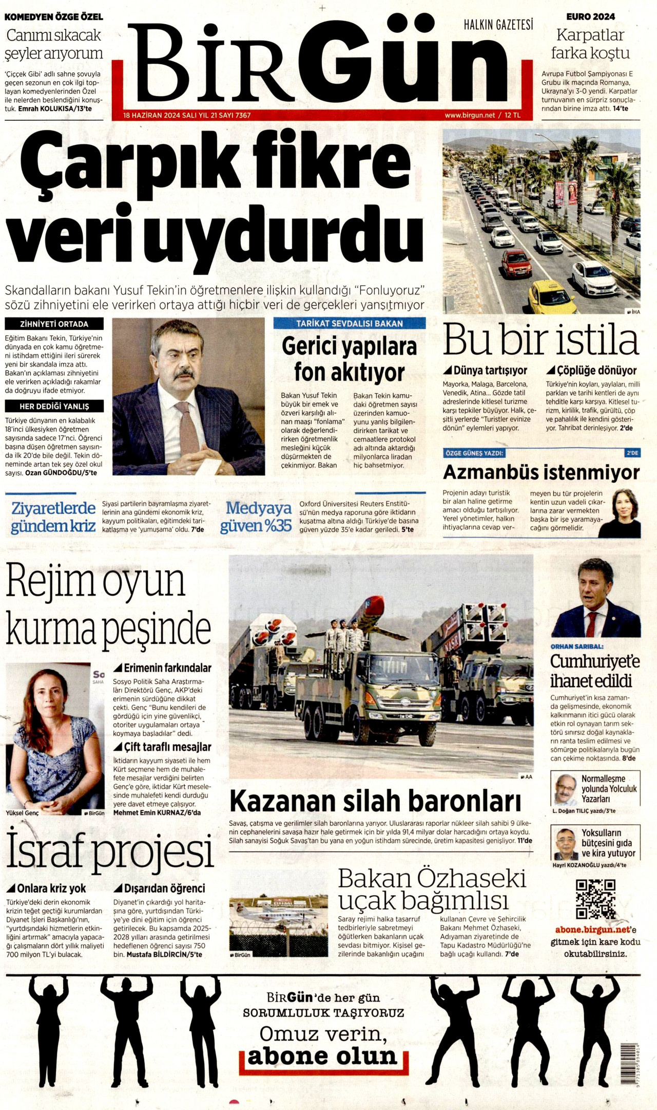 BİRGÜN gazetesinin 18 Haziran 2024 tarihli birinci sayfası