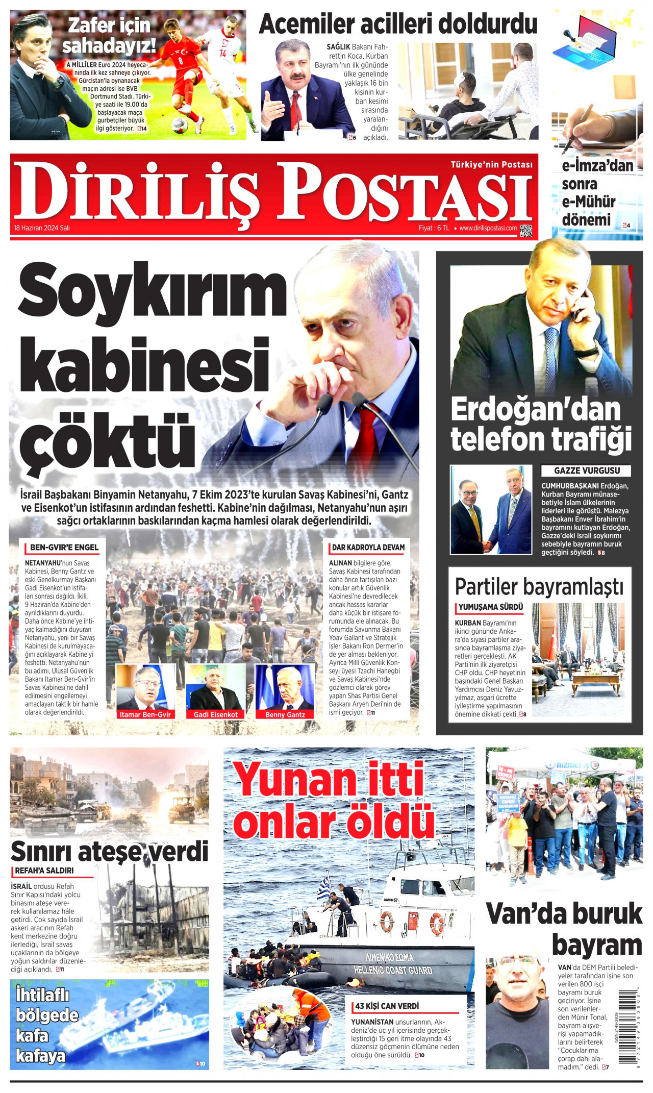 DİRİLİŞ POSTASI gazetesinin 18 Haziran 2024 tarihli birinci sayfası