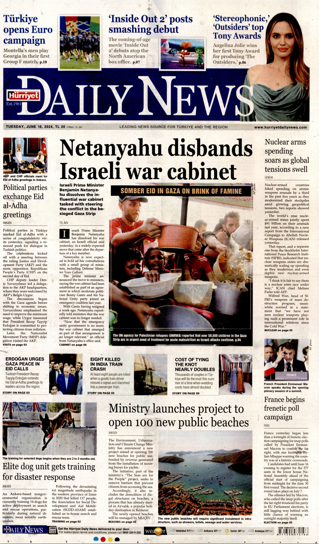 HÜRRİYET DAİLY NEWS gazetesinin 18 Haziran 2024 tarihli birinci sayfası