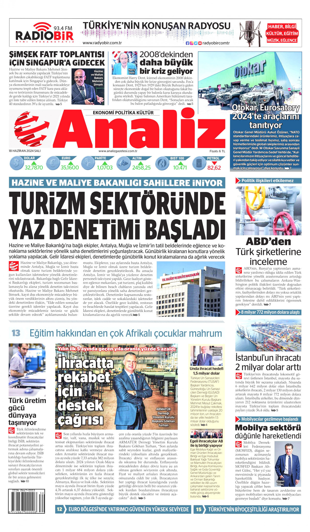 ANALİZ gazetesinin 18 Haziran 2024 tarihli birinci sayfası