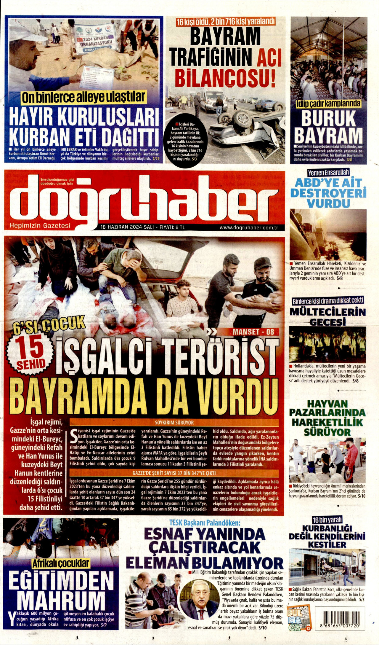 DOĞRU HABER gazetesinin 18 Haziran 2024 tarihli birinci sayfası