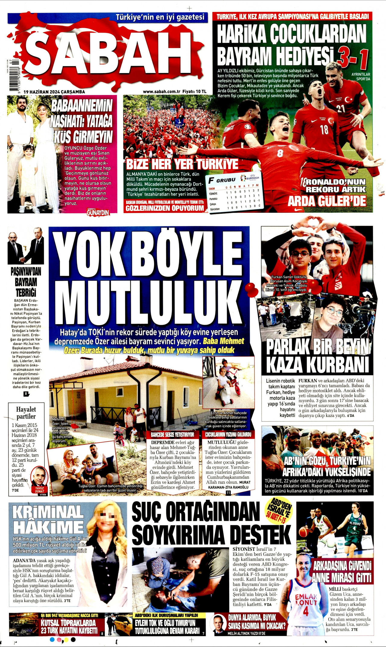 SABAH gazetesinin 19 Haziran 2024 tarihli birinci sayfası