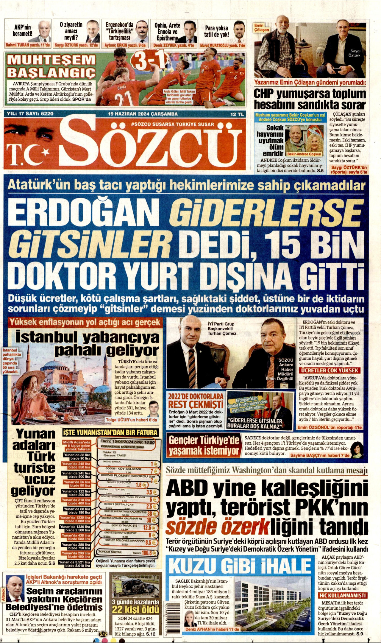 SÖZCÜ gazetesinin 19 Haziran 2024 tarihli birinci sayfası