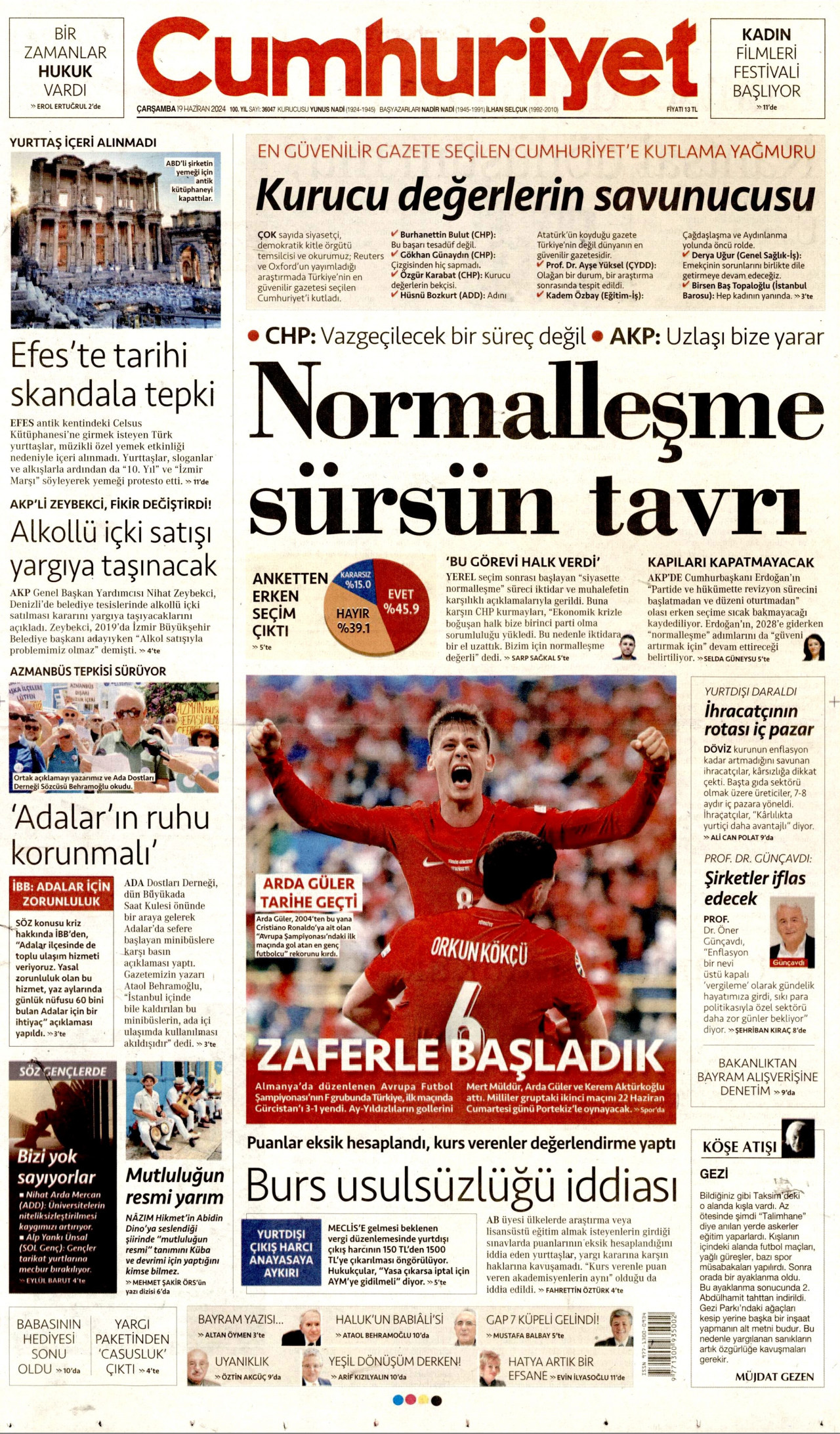 CUMHURİYET gazetesinin 19 Haziran 2024 tarihli birinci sayfası
