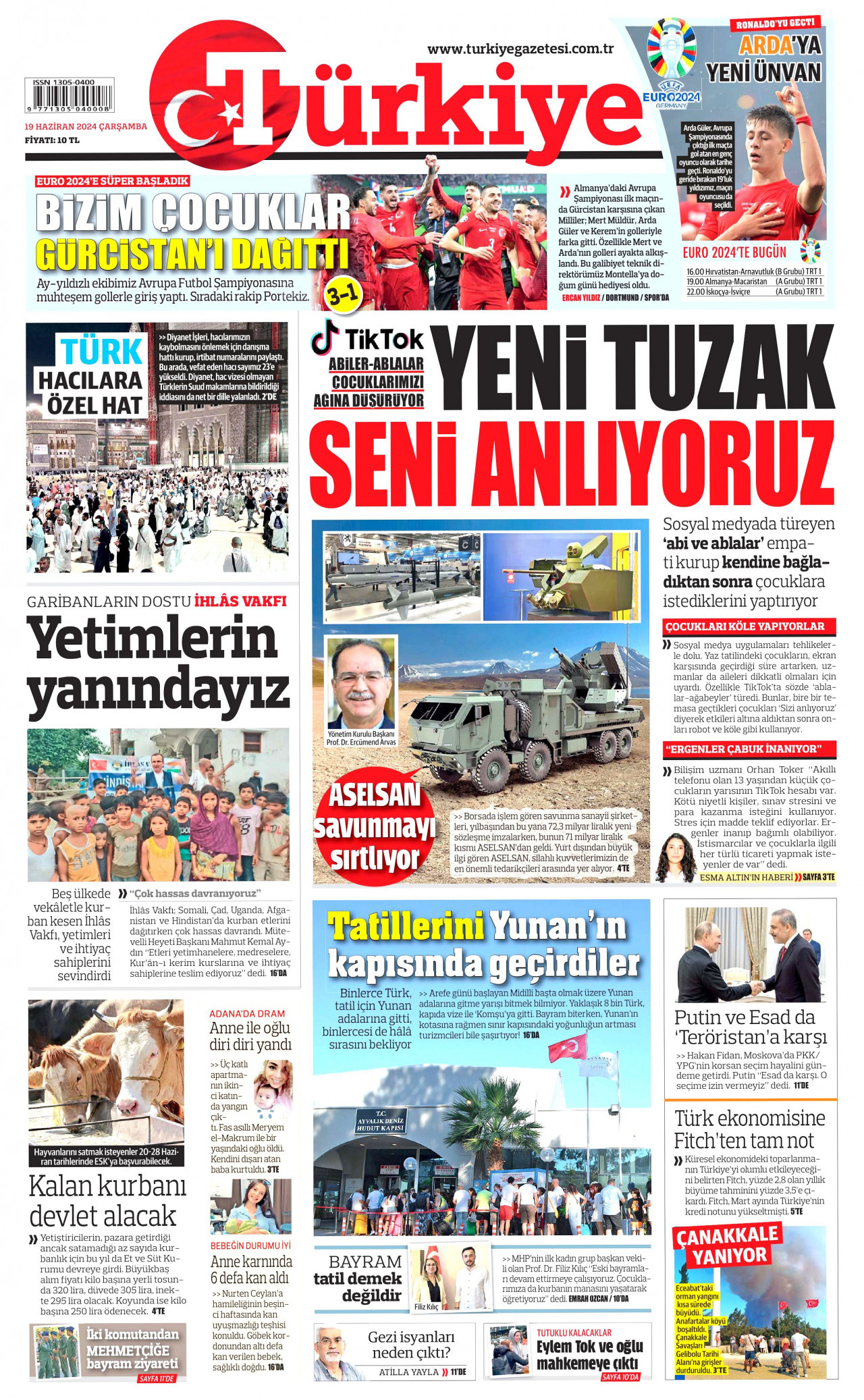 TÜRKİYE GAZETESİ gazetesinin 19 Haziran 2024 tarihli birinci sayfası