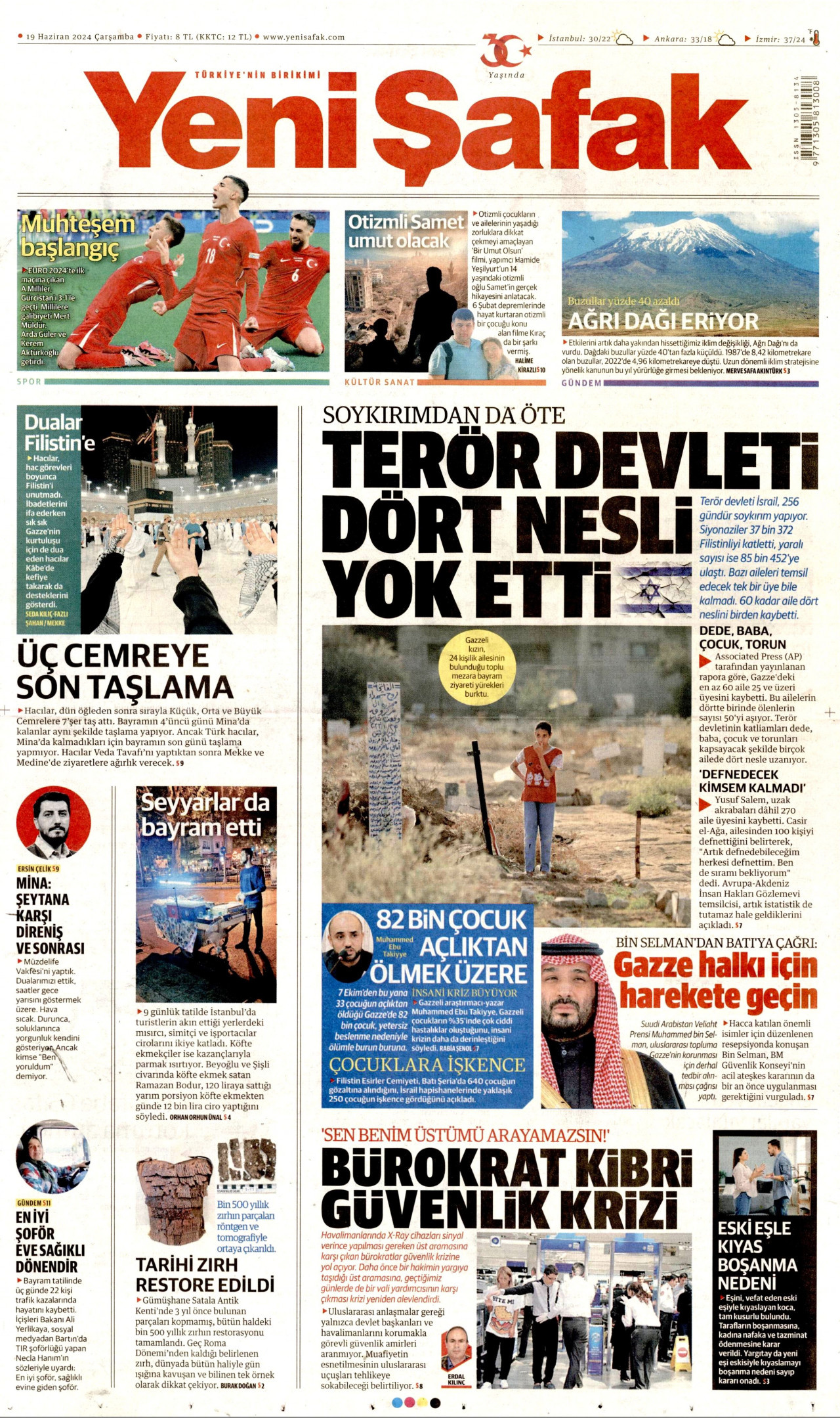 YENİ ŞAFAK gazetesinin 19 Haziran 2024 tarihli birinci sayfası