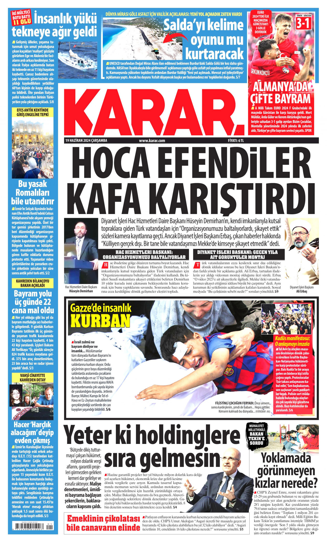 KARAR gazetesinin 19 Haziran 2024 tarihli birinci sayfası