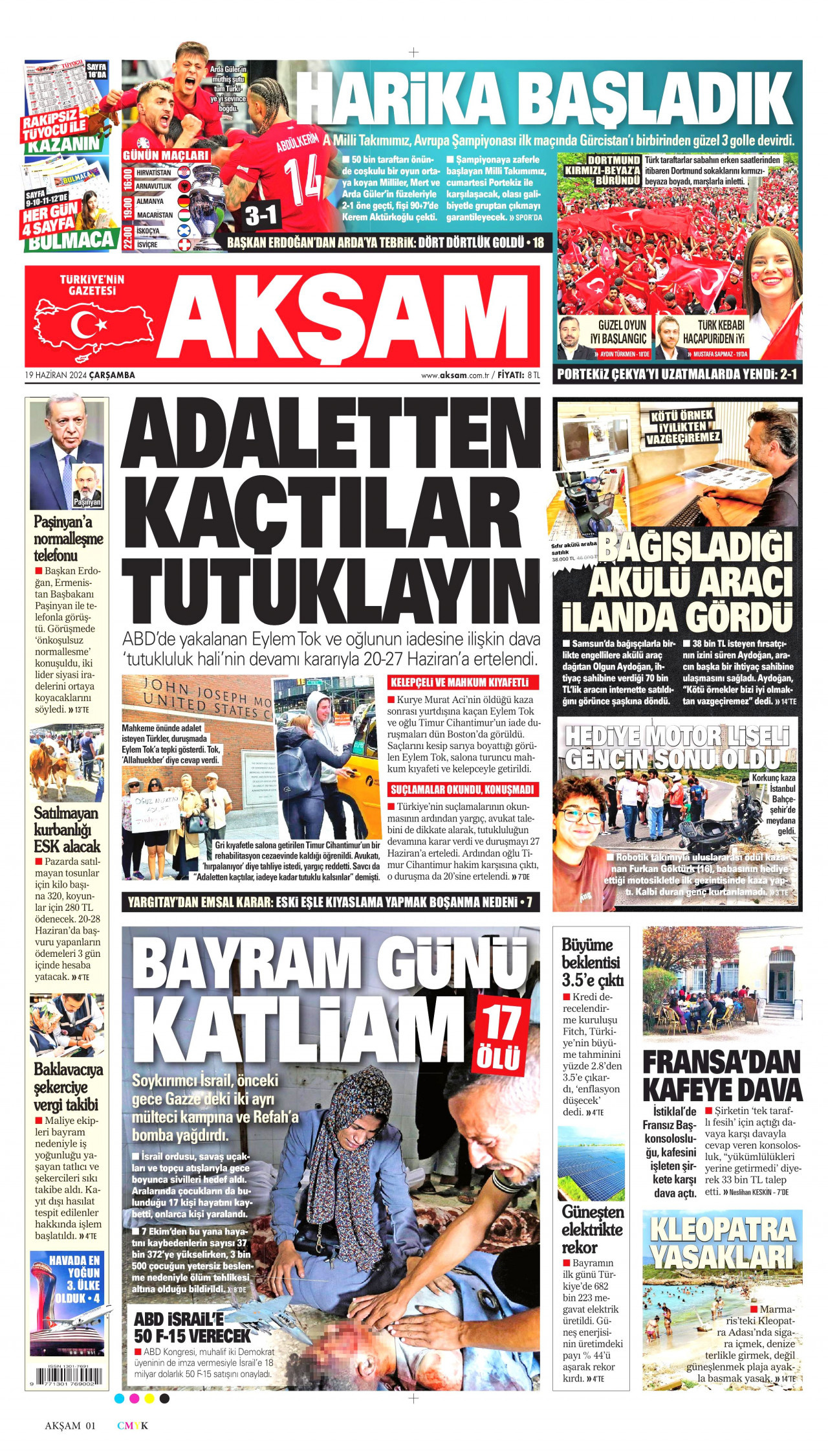 AKŞAM gazetesinin 19 Haziran 2024 tarihli birinci sayfası