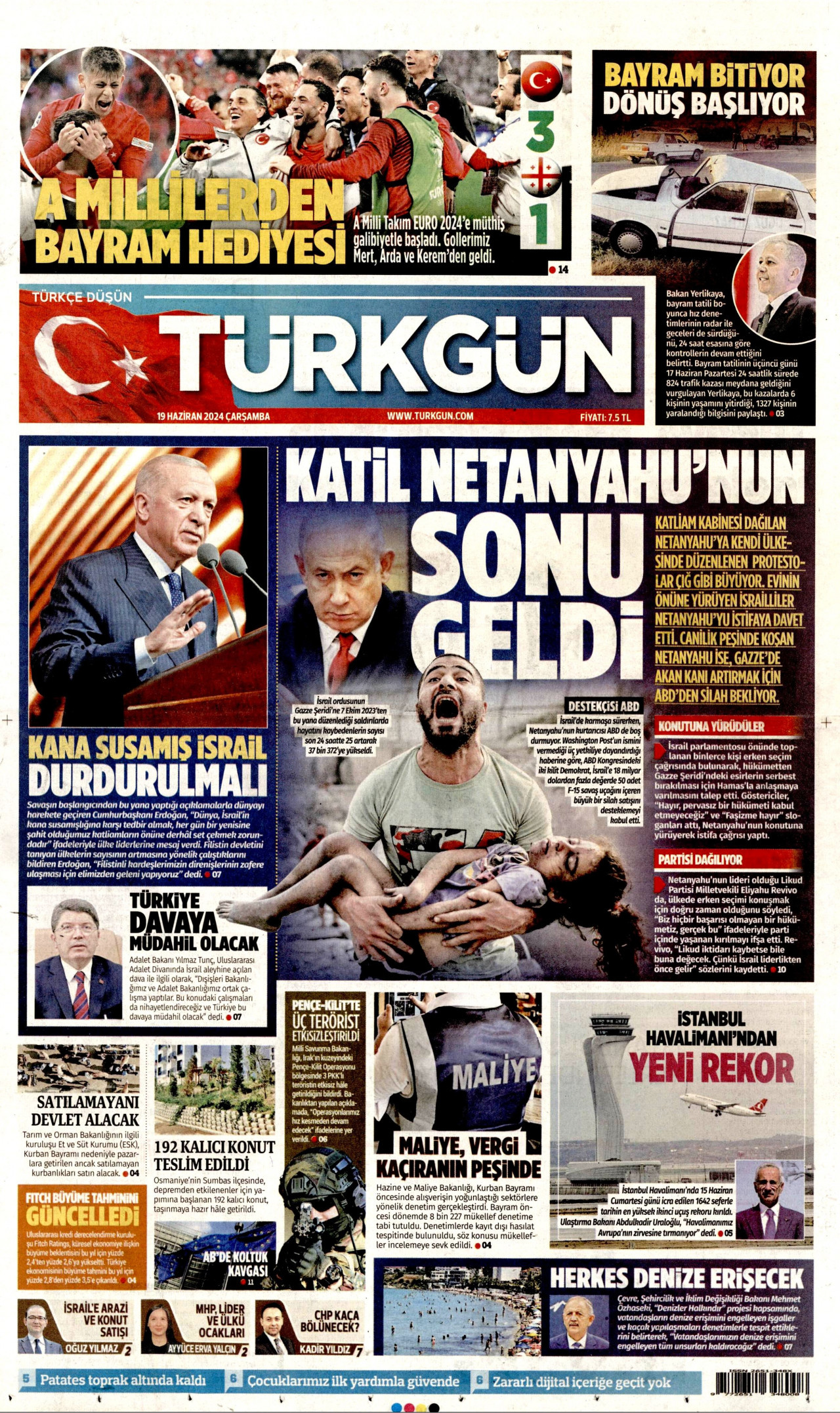 TÜRKGÜN gazetesinin 19 Haziran 2024 tarihli birinci sayfası