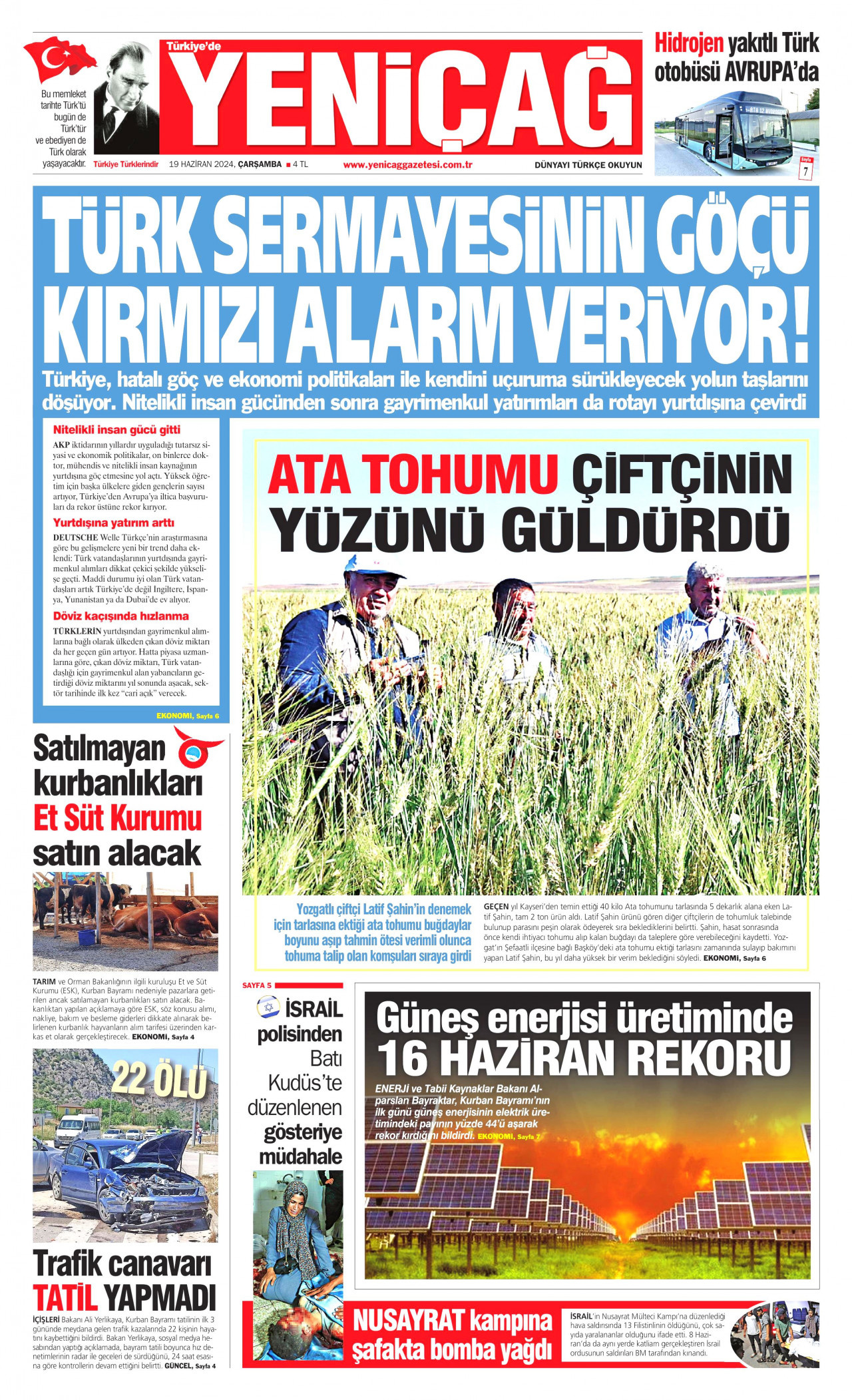 YENİÇAĞ gazetesinin 19 Haziran 2024 tarihli birinci sayfası