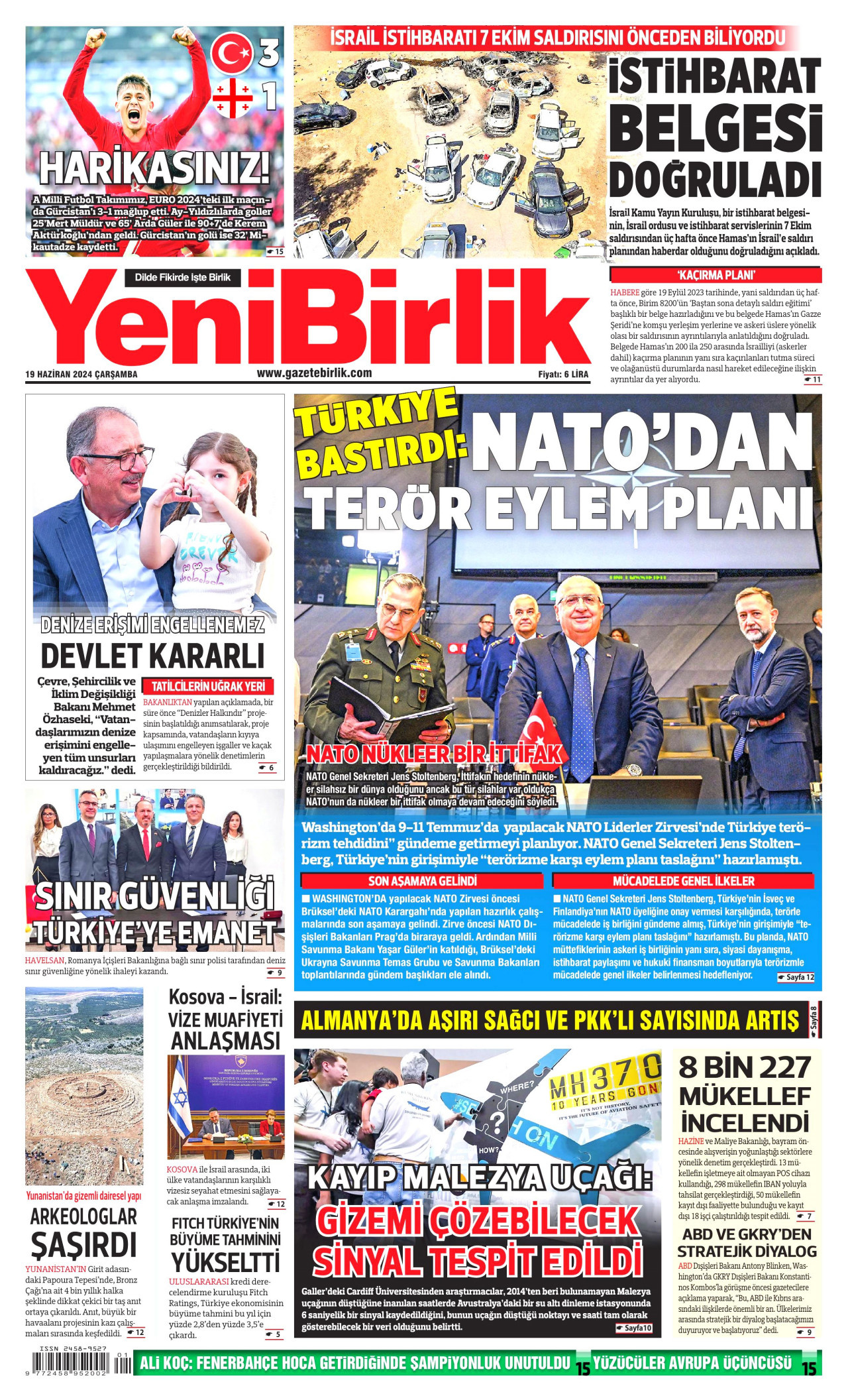 YENİBİRLİK gazetesinin 19 Haziran 2024 tarihli birinci sayfası