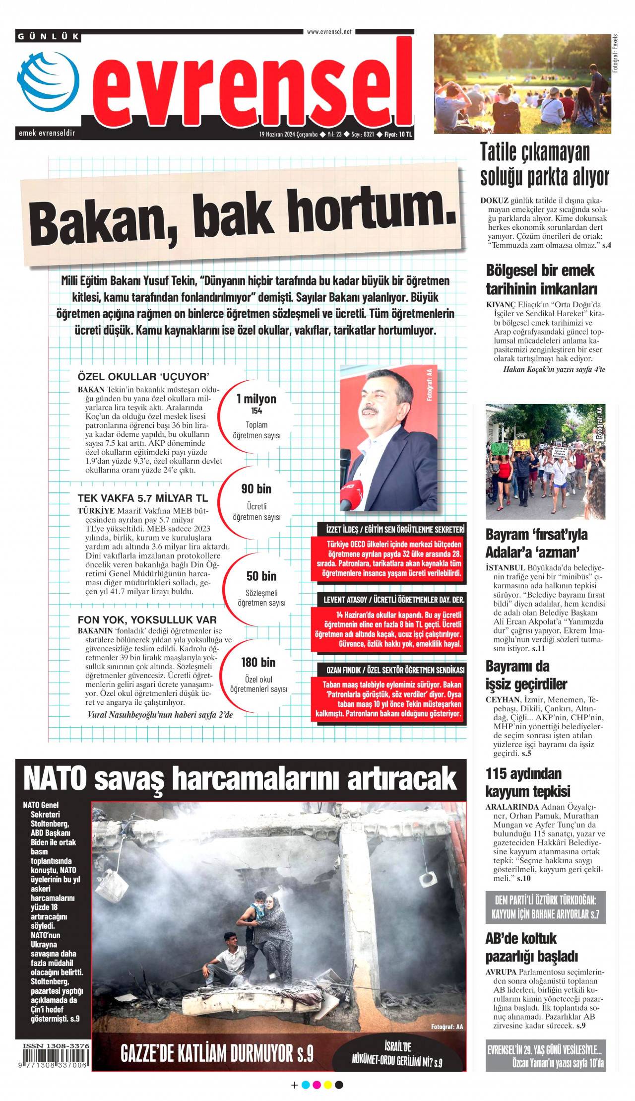EVRENSEL gazetesinin 19 Haziran 2024 tarihli birinci sayfası