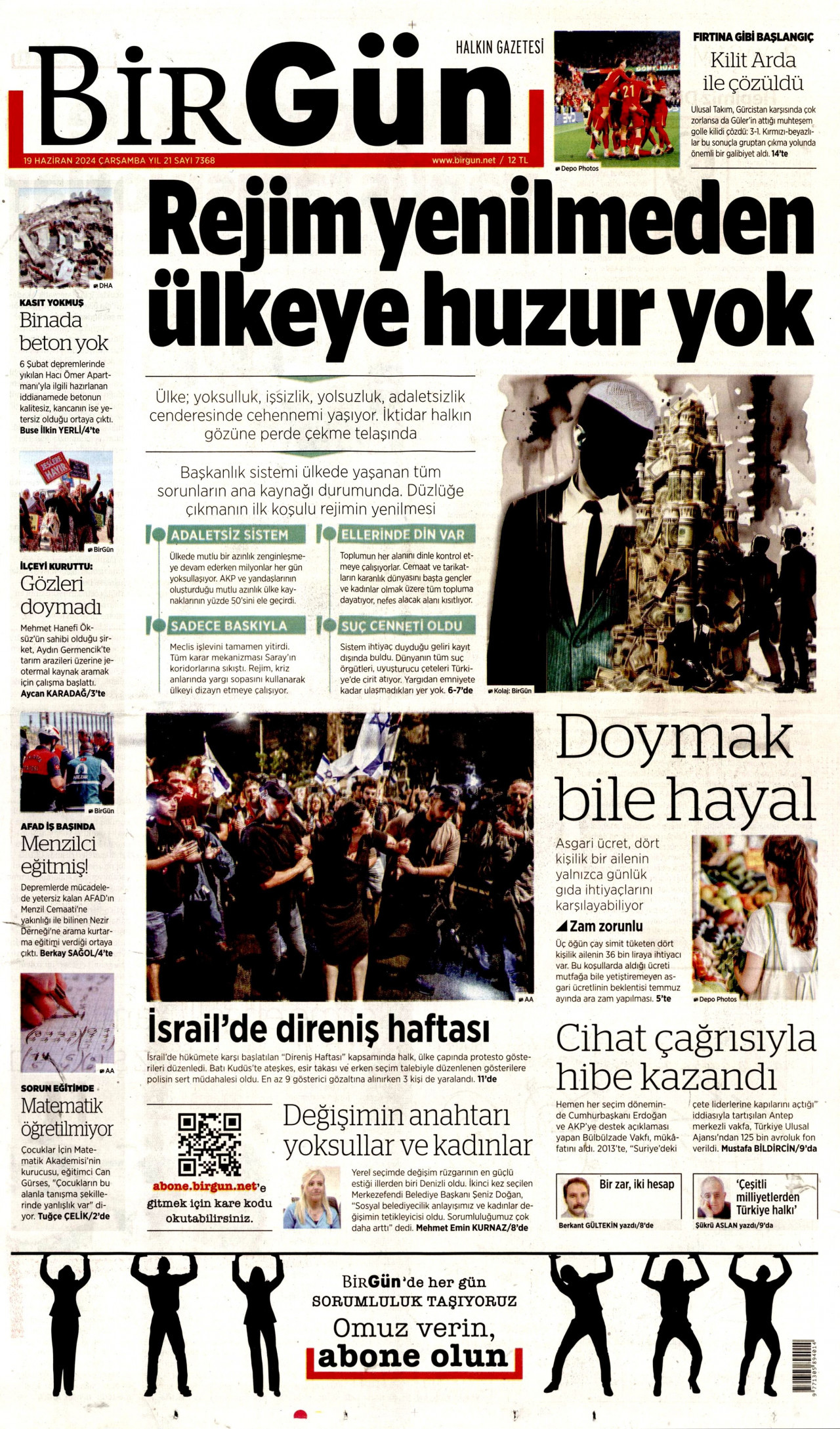 BİRGÜN gazetesinin 19 Haziran 2024 tarihli birinci sayfası