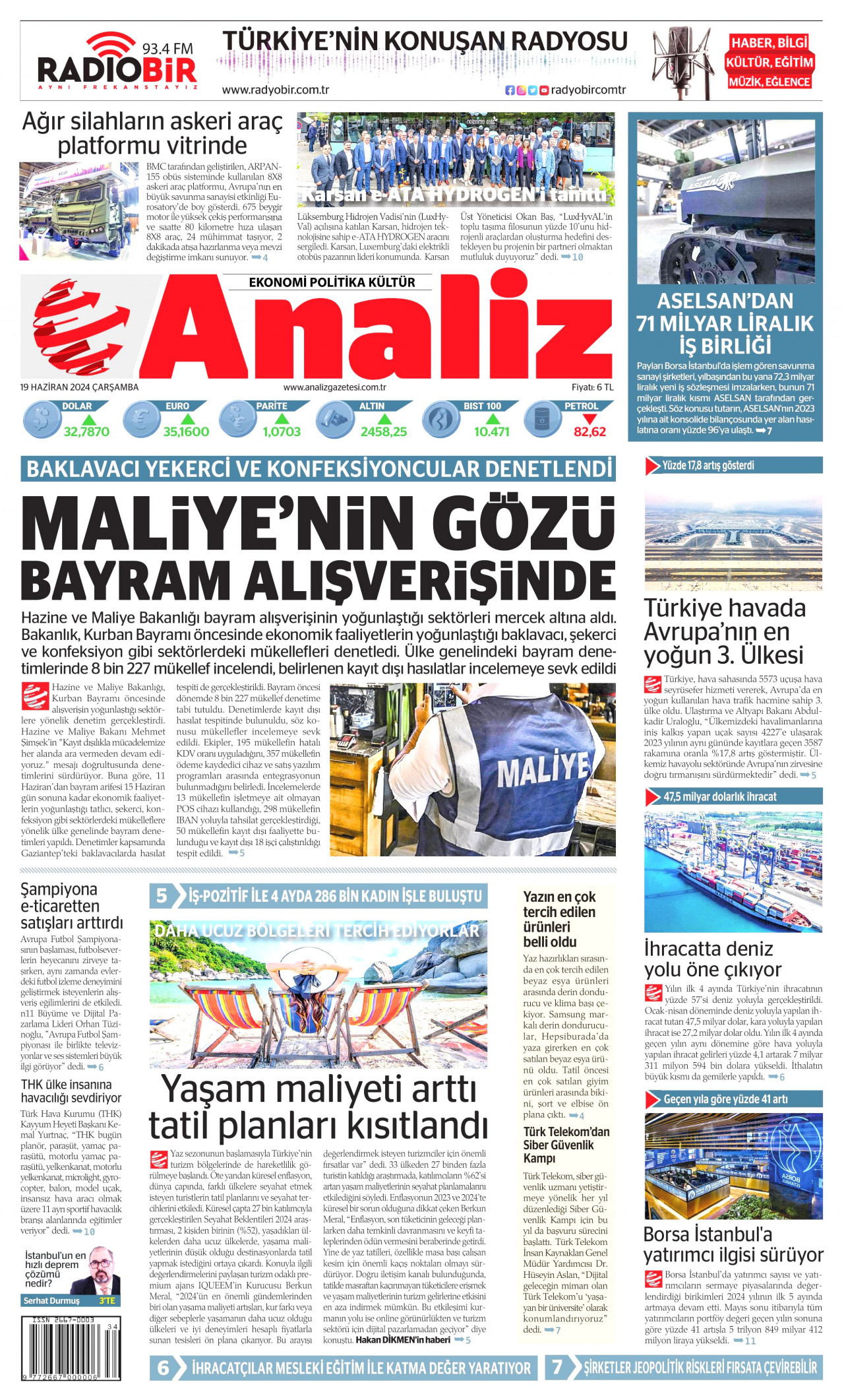 ANALİZ gazetesinin 19 Haziran 2024 tarihli birinci sayfası