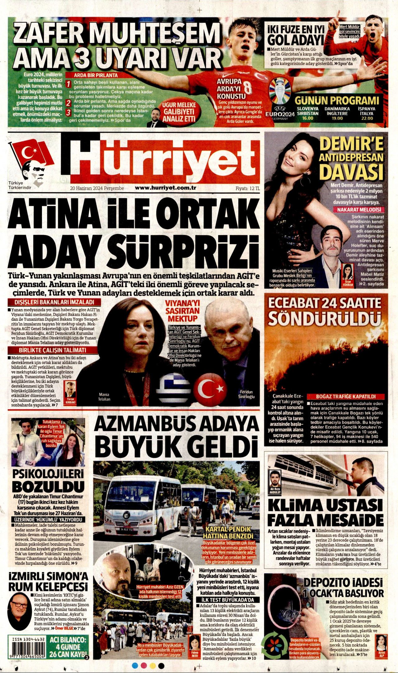 HÜRRİYET gazetesinin 20 Haziran 2024 tarihli birinci sayfası