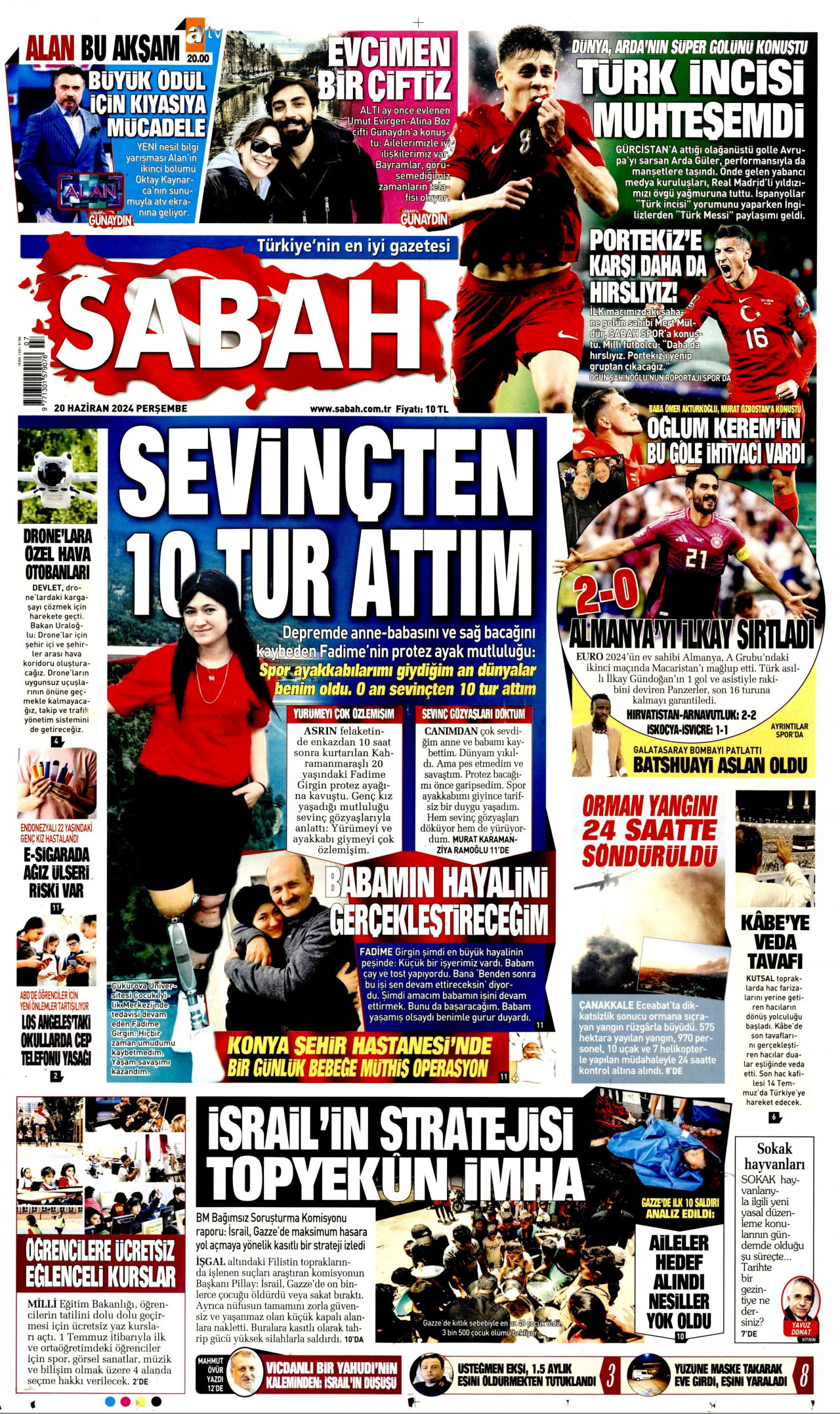 SABAH gazetesinin 20 Haziran 2024 tarihli birinci sayfası