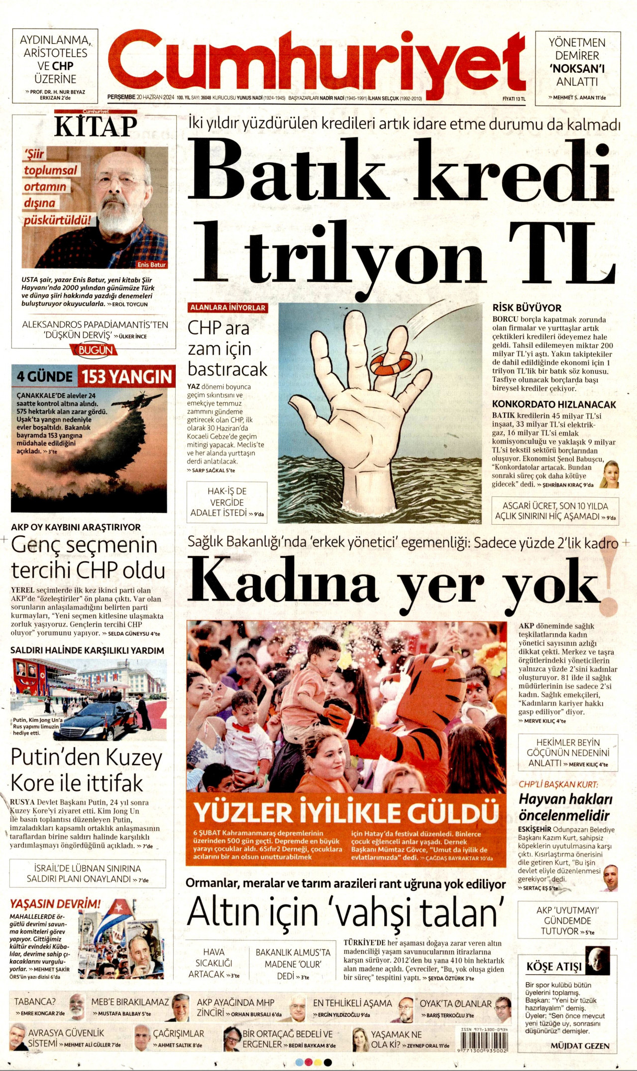 CUMHURİYET gazetesinin 20 Haziran 2024 tarihli birinci sayfası