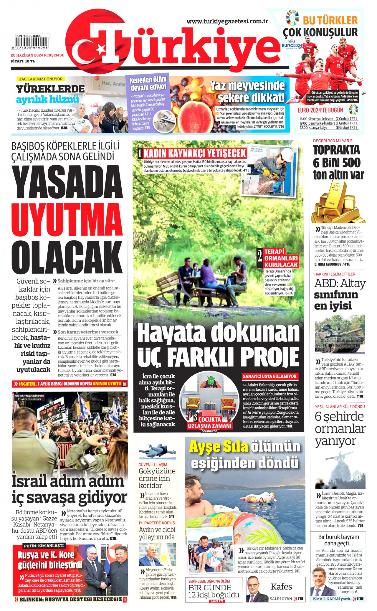 TÜRKİYE GAZETESİ gazetesinin 20 Haziran 2024 tarihli birinci sayfası