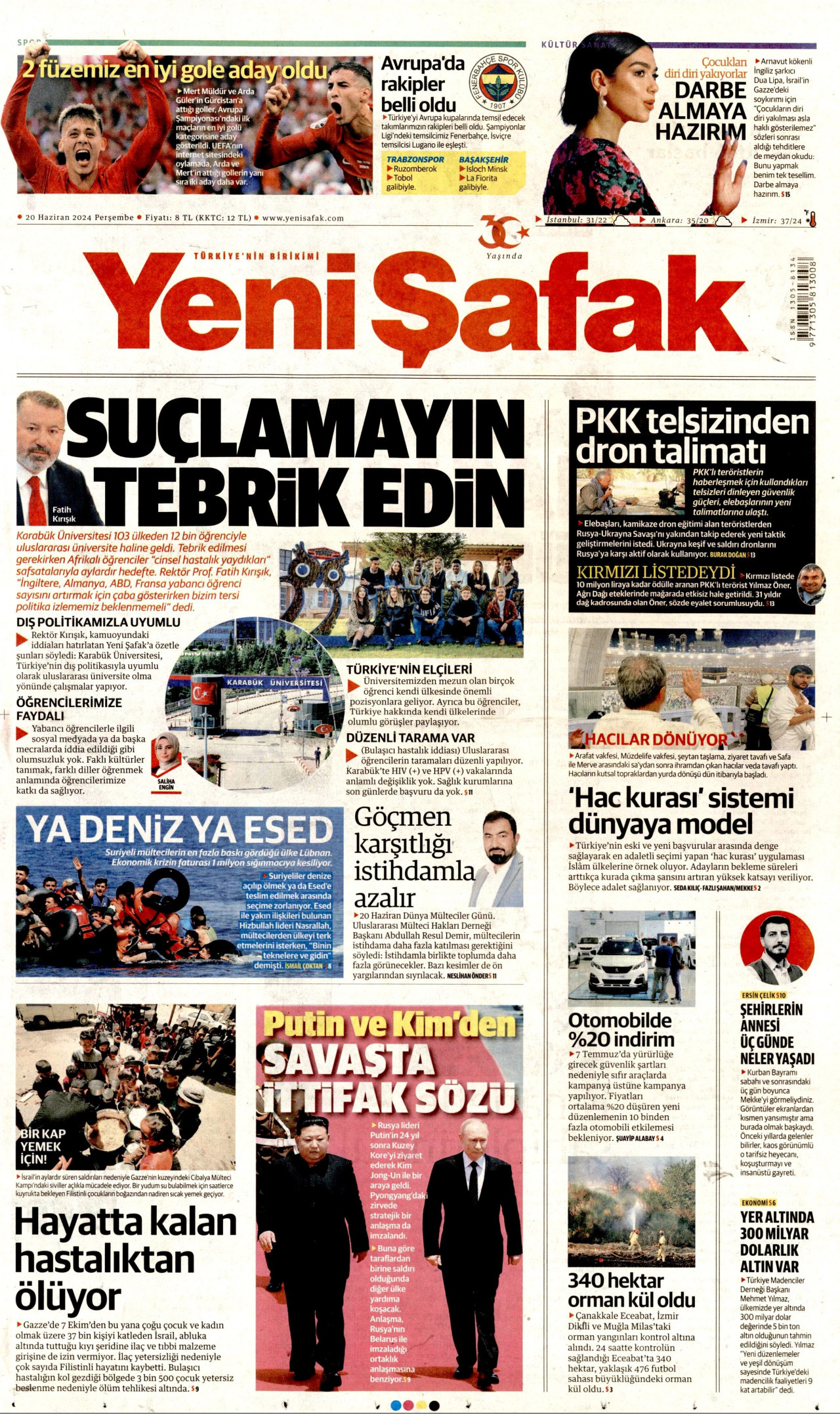 YENİ ŞAFAK gazetesinin 20 Haziran 2024 tarihli birinci sayfası