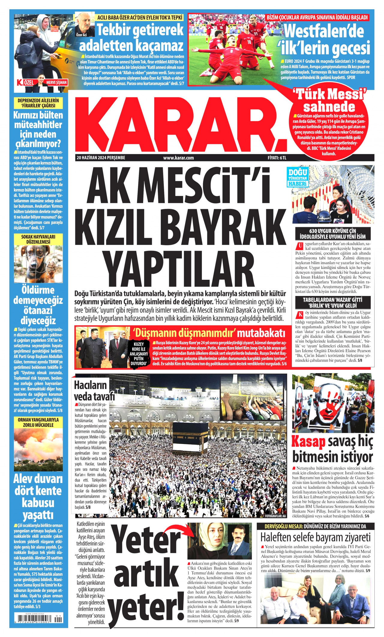 KARAR gazetesinin 20 Haziran 2024 tarihli birinci sayfası