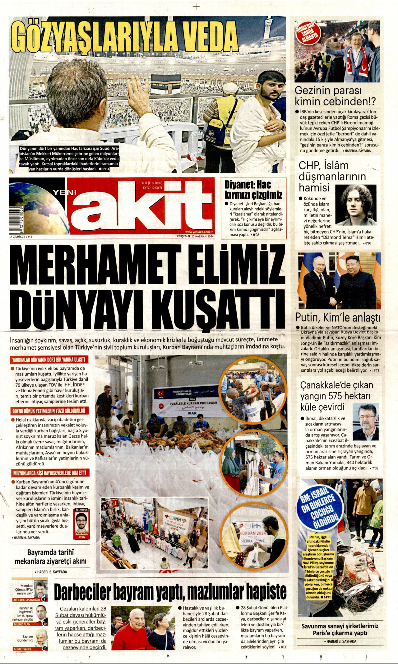 YENİ AKİT gazetesinin 20 Haziran 2024 tarihli birinci sayfası