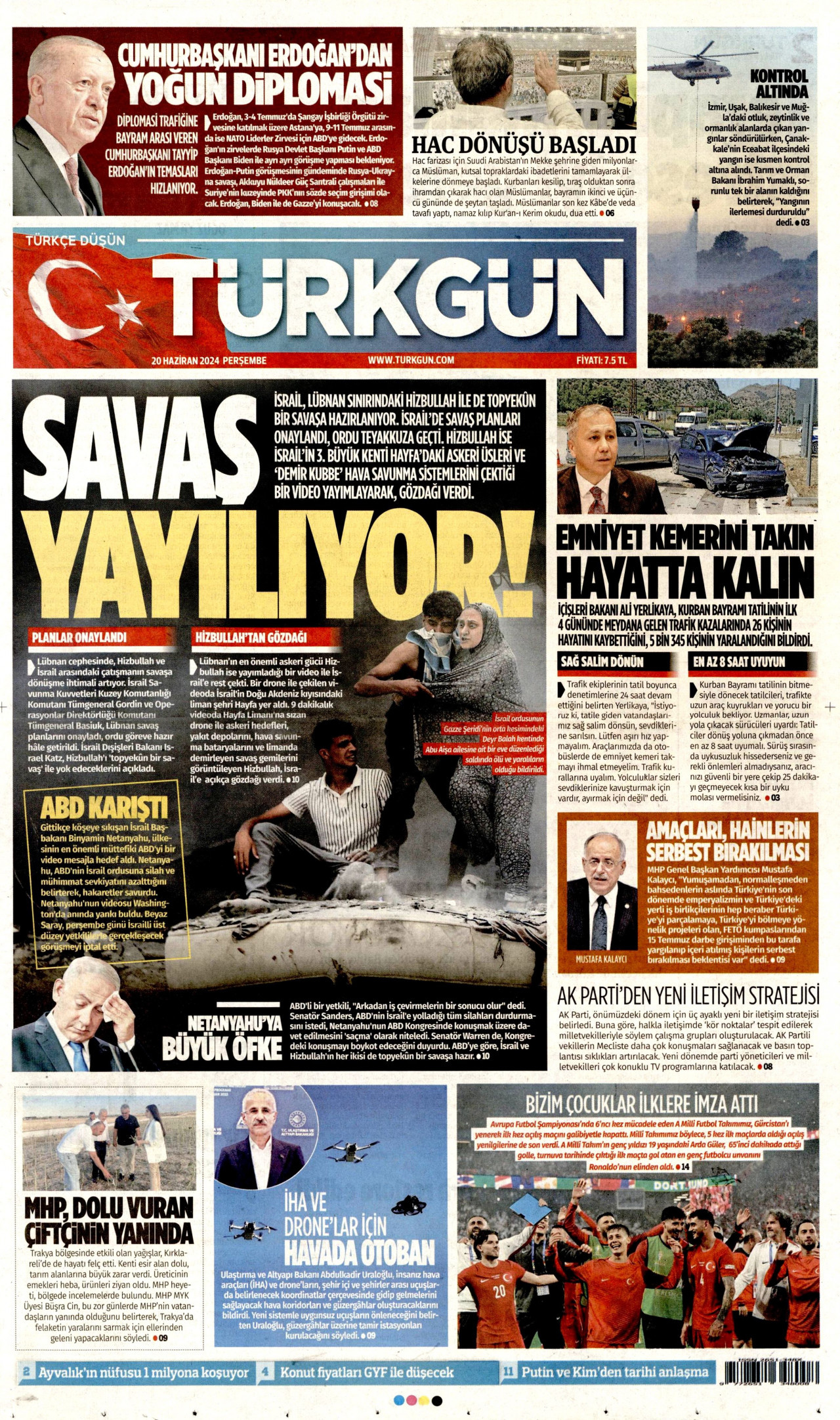 TÜRKGÜN gazetesinin 20 Haziran 2024 tarihli birinci sayfası