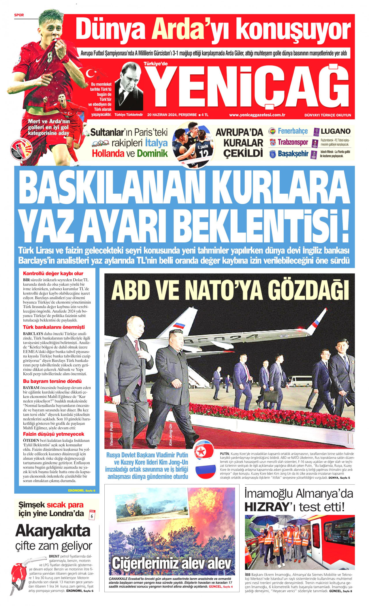 YENİÇAĞ gazetesinin 20 Haziran 2024 tarihli birinci sayfası