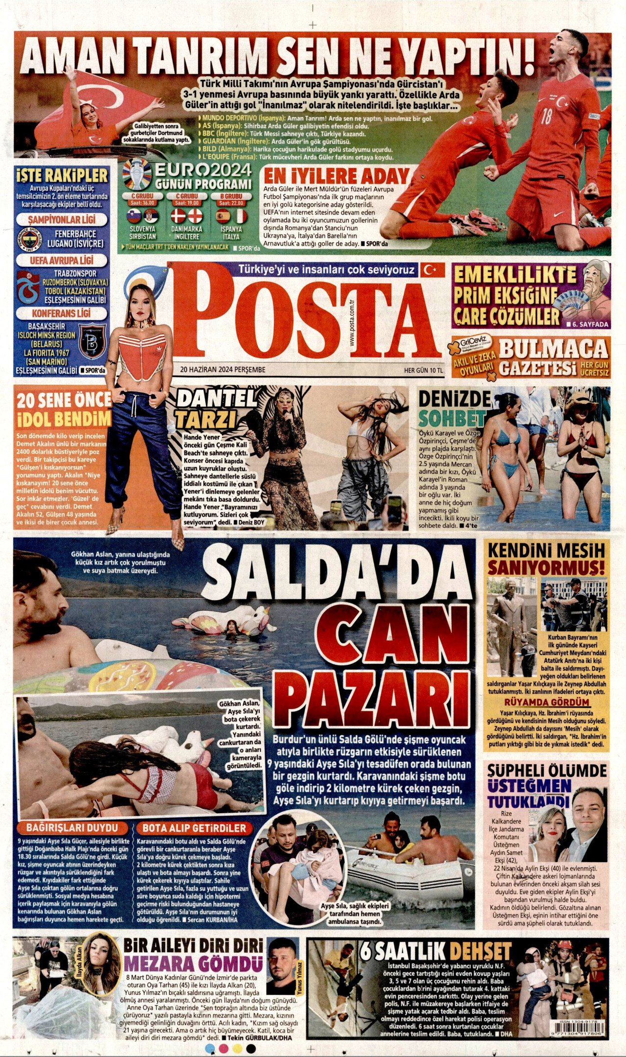 POSTA gazetesinin 20 Haziran 2024 tarihli birinci sayfası
