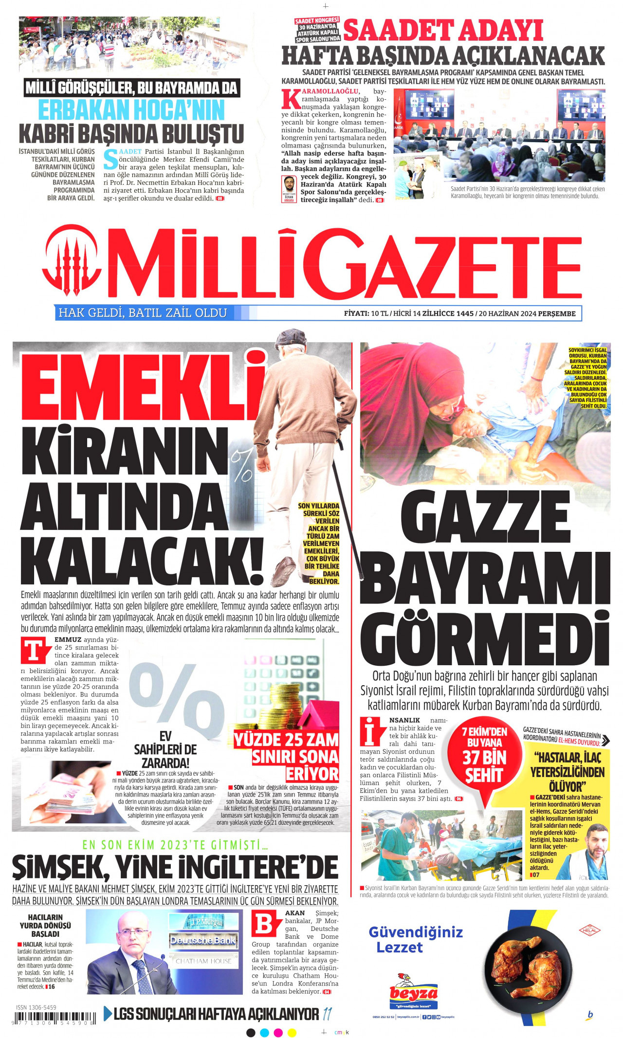 MİLLİ GAZETE gazetesinin 20 Haziran 2024 tarihli birinci sayfası