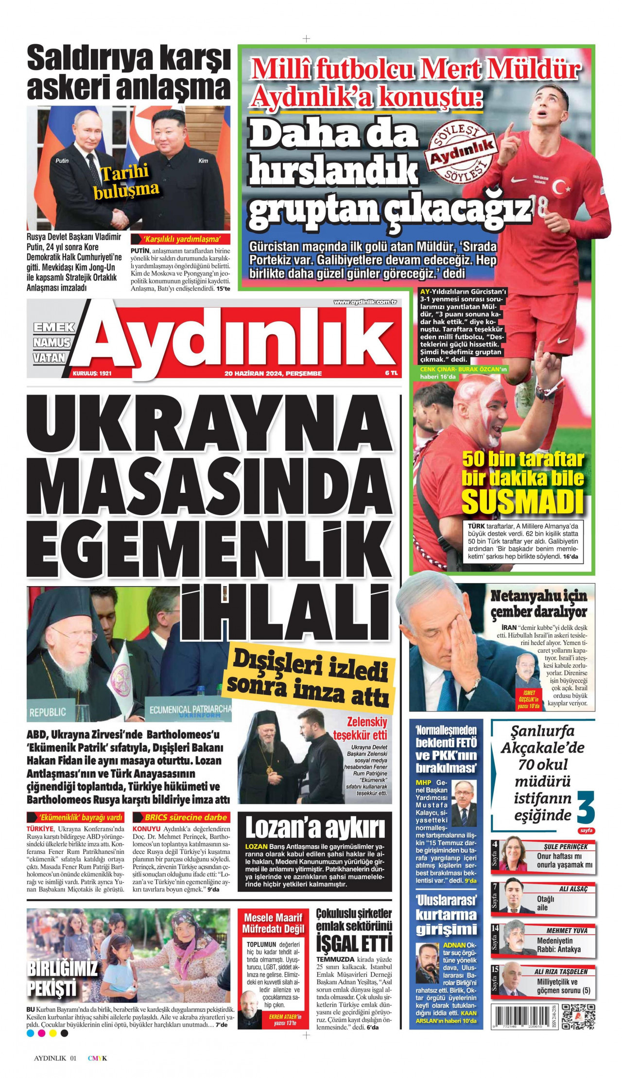 AYDINLIK GAZETESİ gazetesinin 20 Haziran 2024 tarihli birinci sayfası
