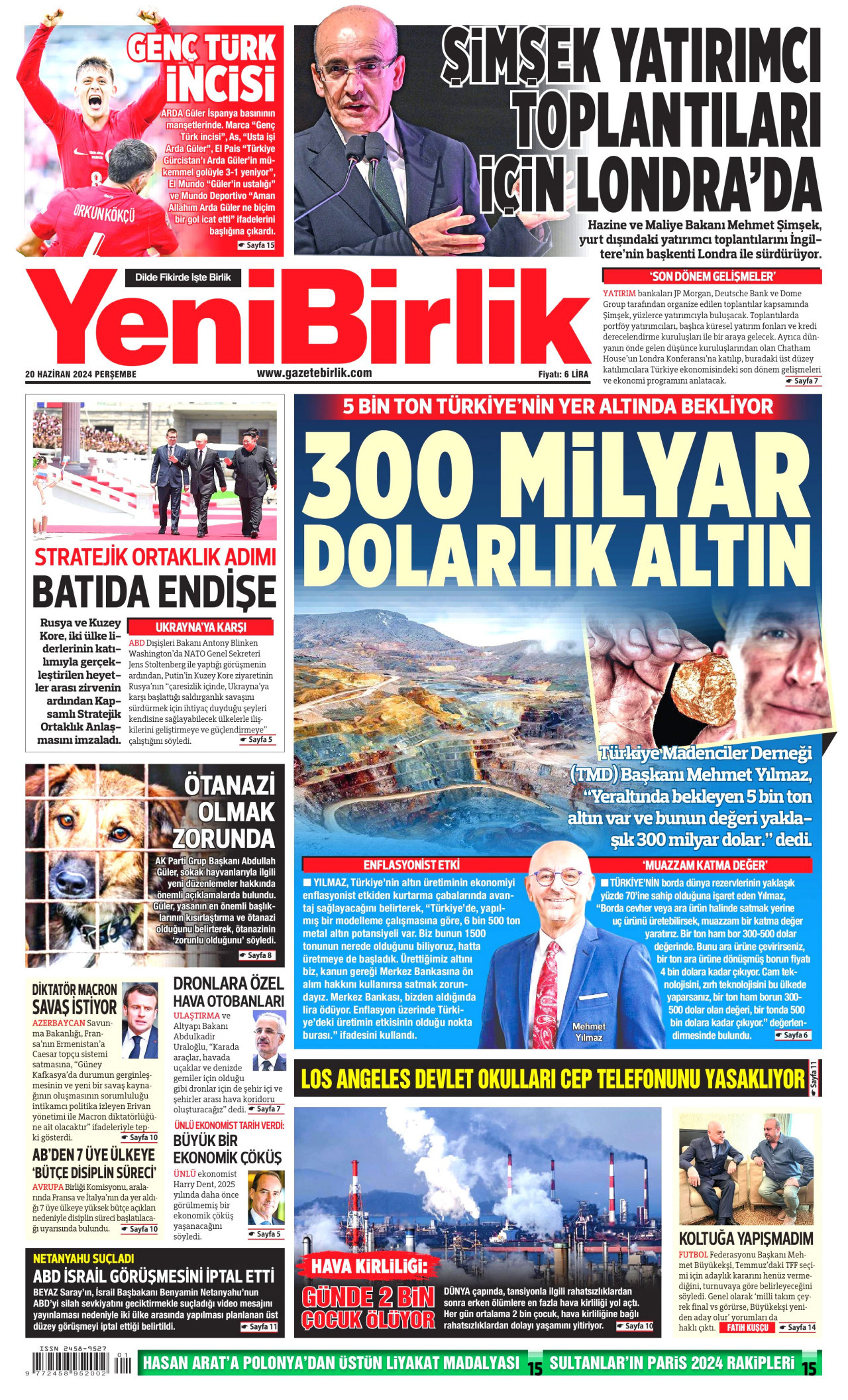 YENİBİRLİK gazetesinin 20 Haziran 2024 tarihli birinci sayfası