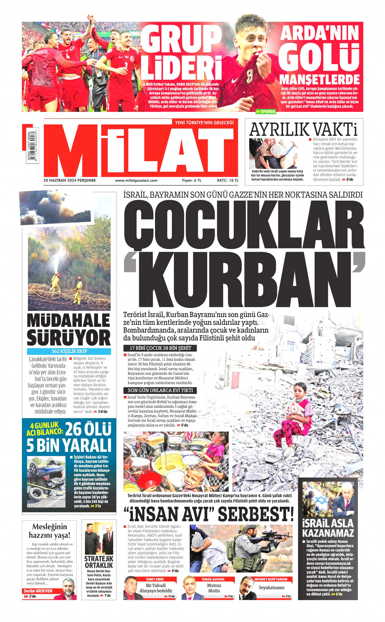MİLAT gazetesinin 20 Haziran 2024 tarihli birinci sayfası