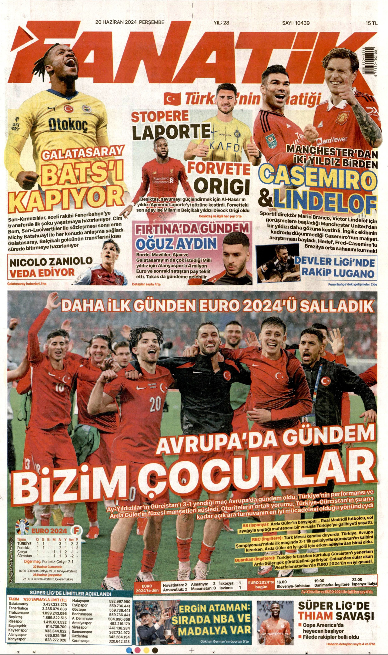 FANATİK gazetesinin 20 Haziran 2024 tarihli birinci sayfası