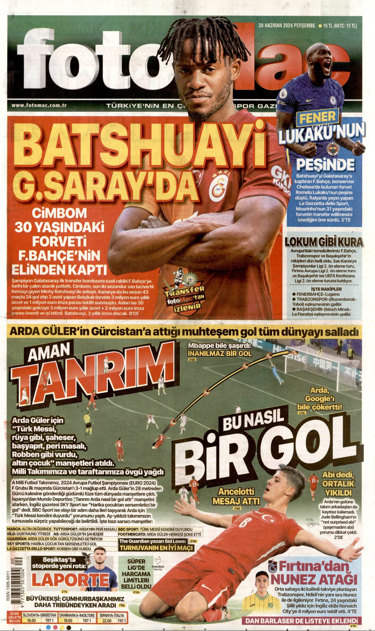 FOTOMAÇ gazetesinin 20 Haziran 2024 tarihli birinci sayfası