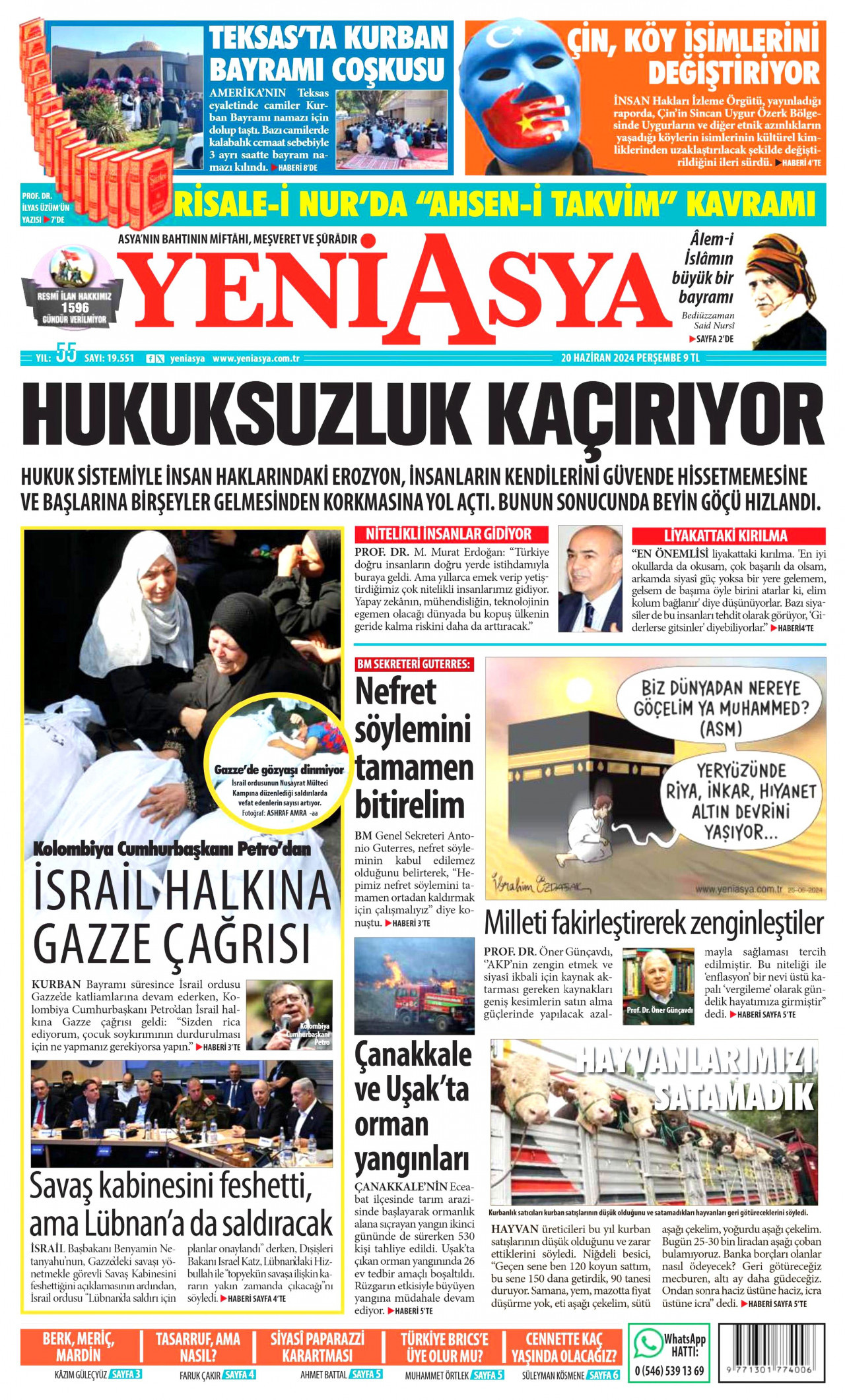 YENİ ASYA gazetesinin 20 Haziran 2024 tarihli birinci sayfası