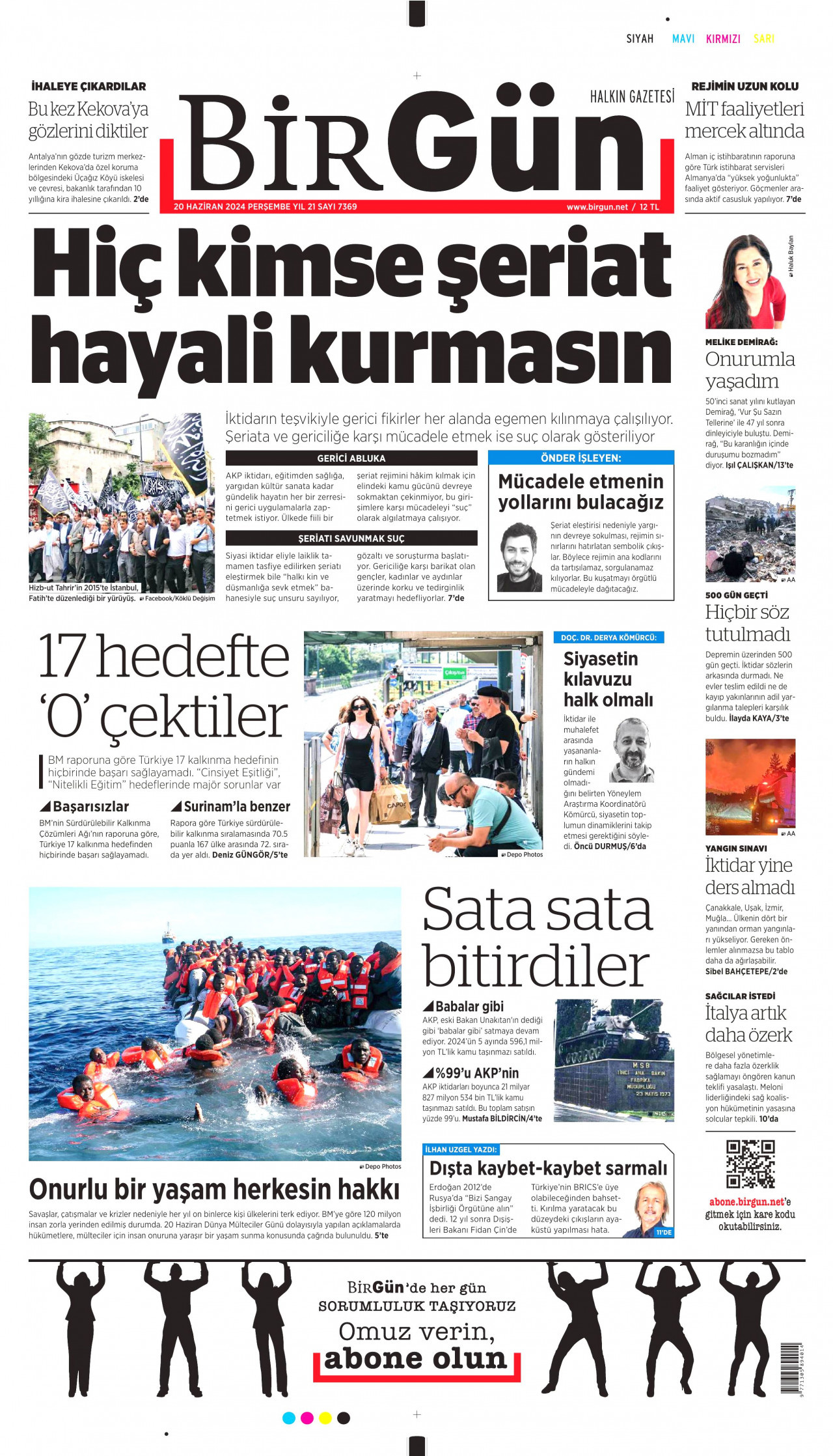 BİRGÜN gazetesinin 20 Haziran 2024 tarihli birinci sayfası