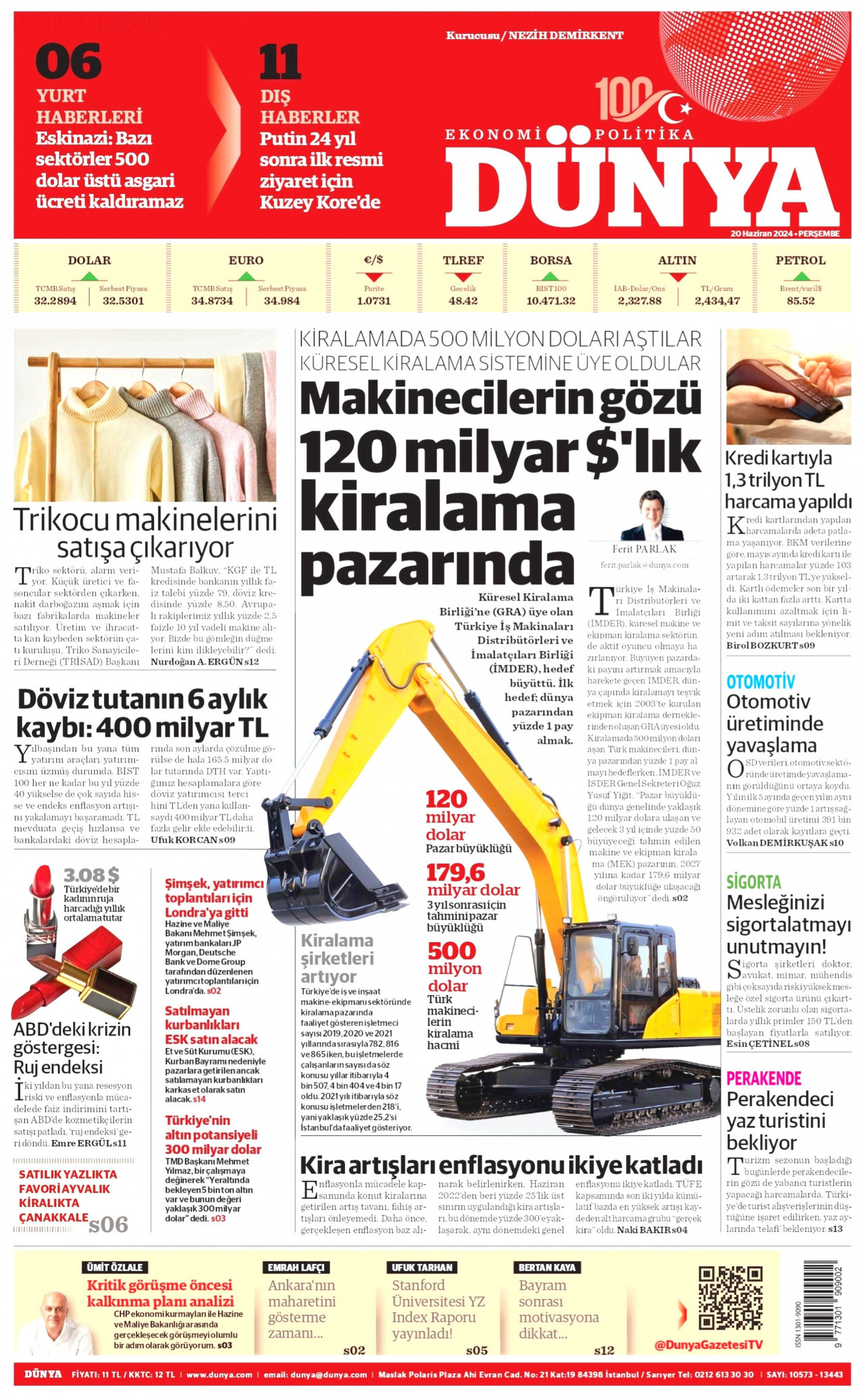 DÜNYA gazetesinin 20 Haziran 2024 tarihli birinci sayfası