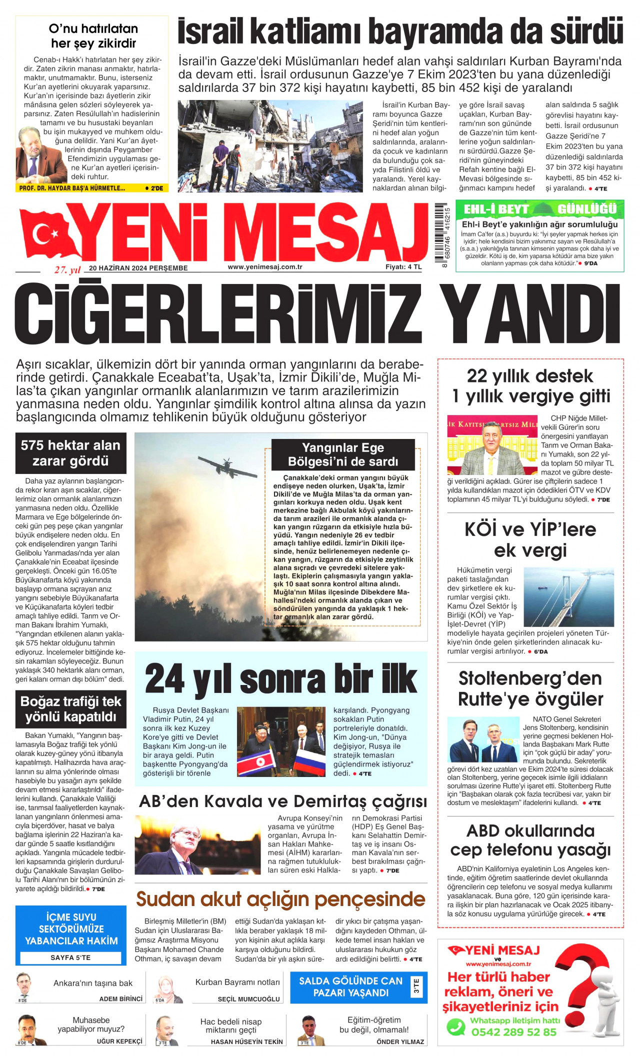 YENİ MESAJ gazetesinin 20 Haziran 2024 tarihli birinci sayfası
