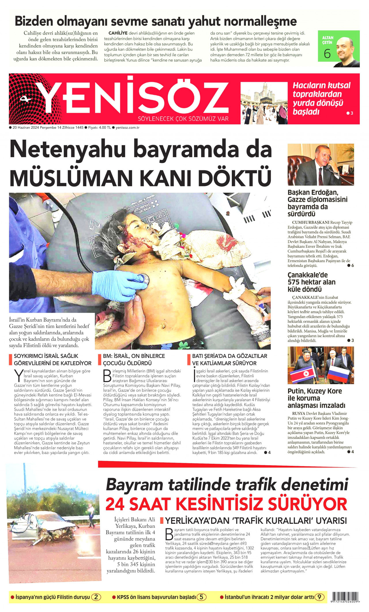 YENİ SÖZ GAZETESİ gazetesinin 20 Haziran 2024 tarihli birinci sayfası