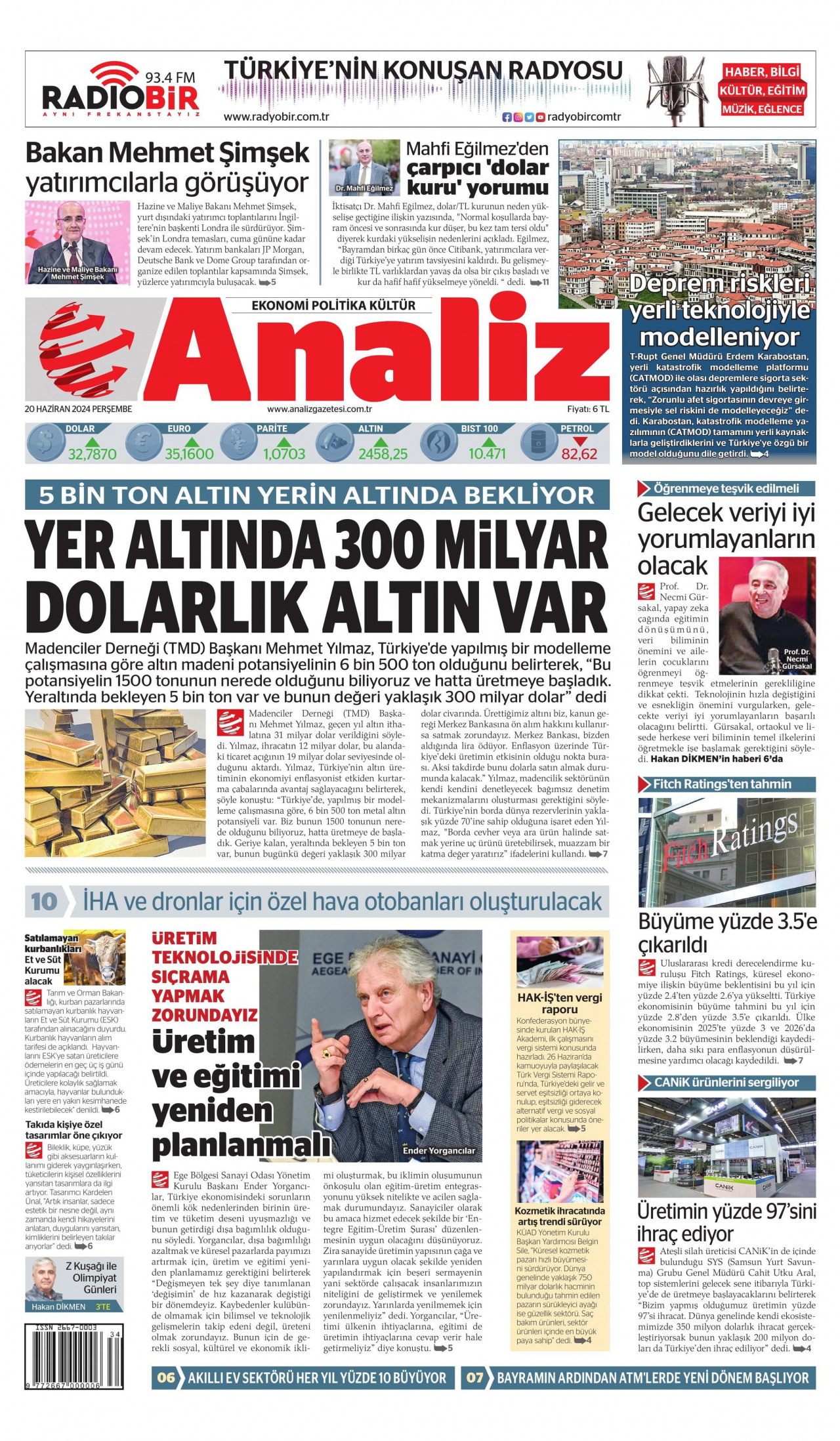 ANALİZ gazetesinin 20 Haziran 2024 tarihli birinci sayfası