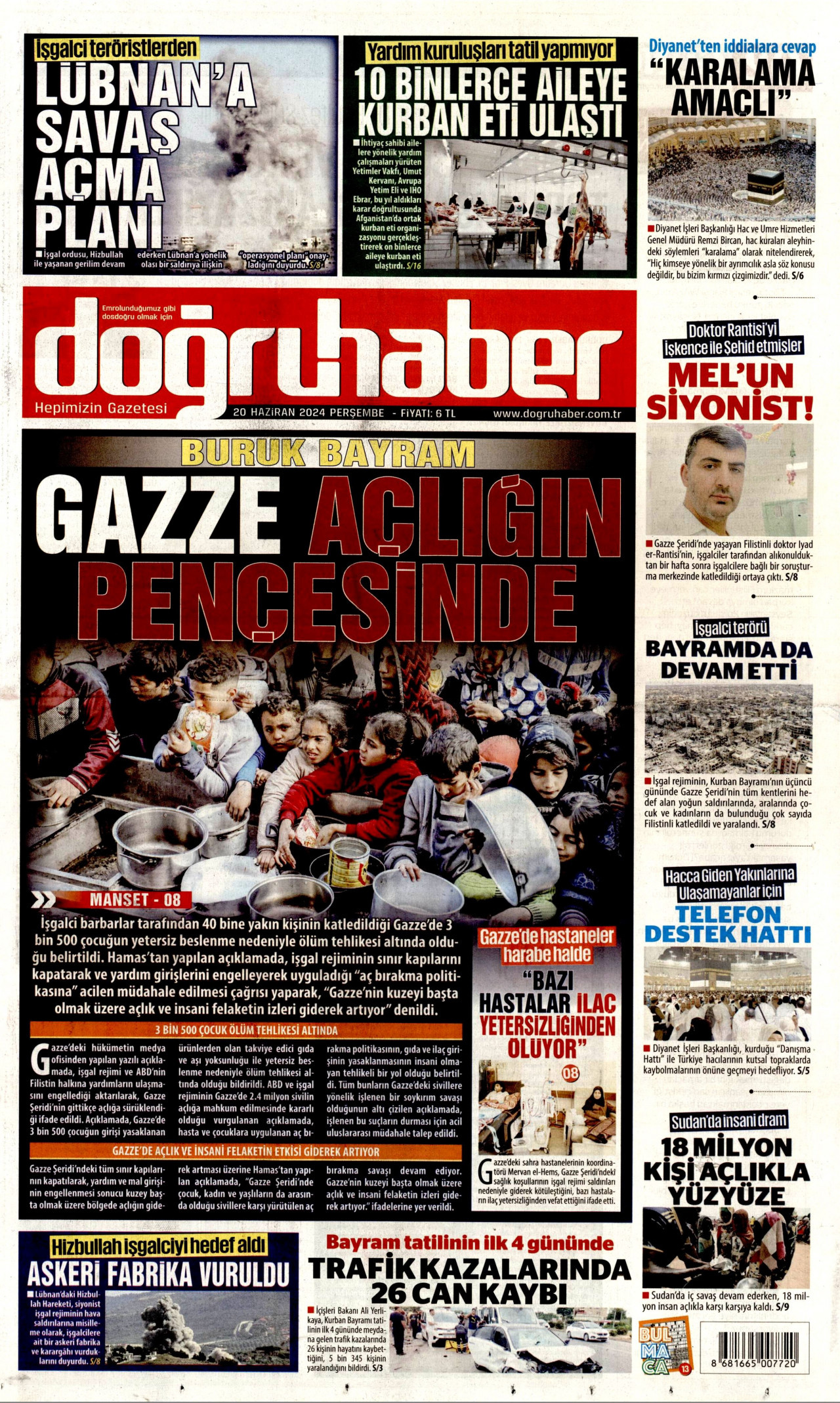 DOĞRU HABER gazetesinin 20 Haziran 2024 tarihli birinci sayfası