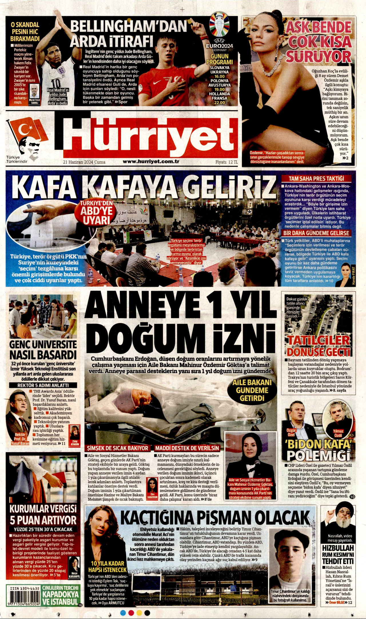 HÜRRİYET gazetesinin 21 Haziran 2024 tarihli birinci sayfası