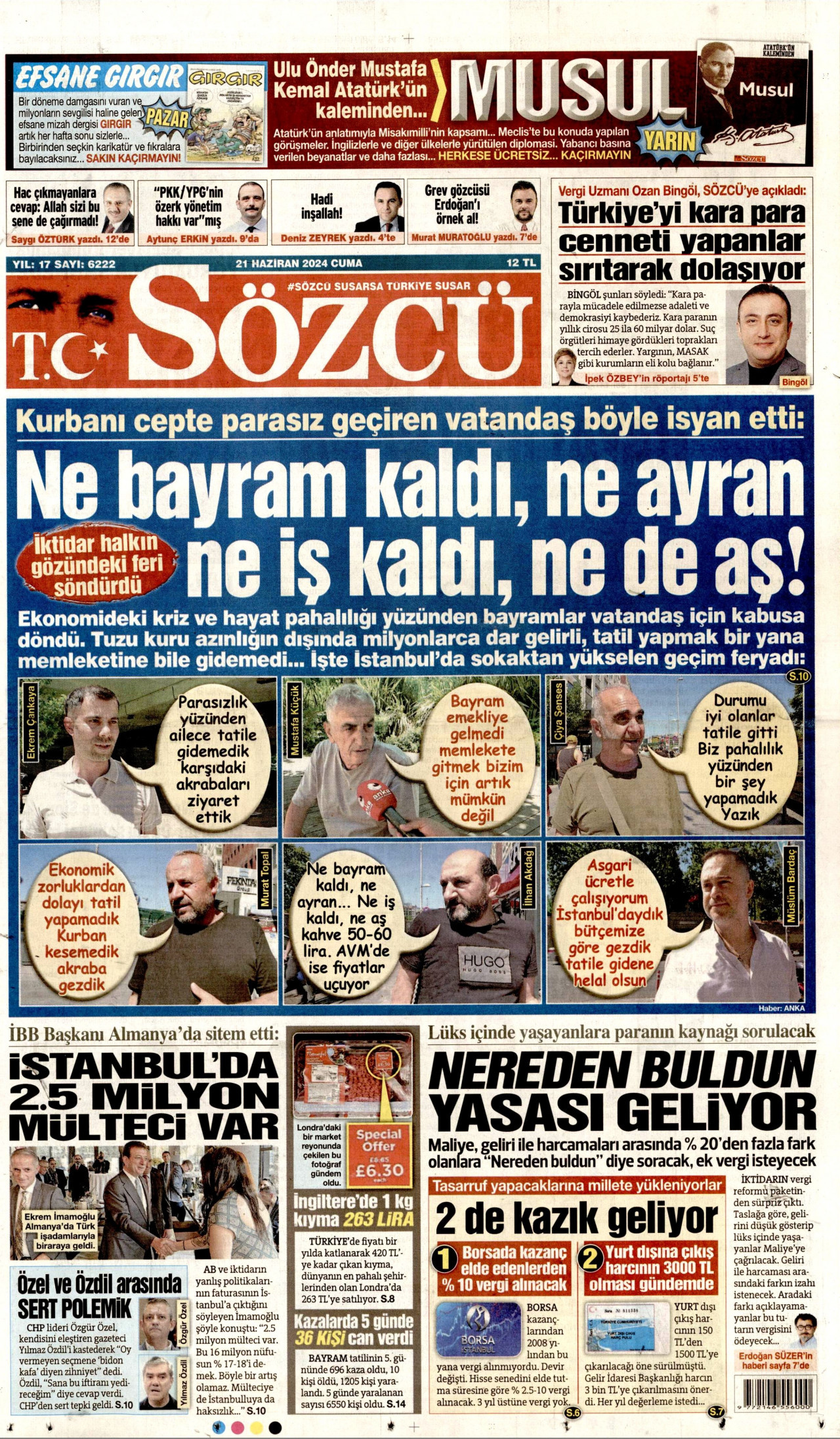 SÖZCÜ gazetesinin 21 Haziran 2024 tarihli birinci sayfası