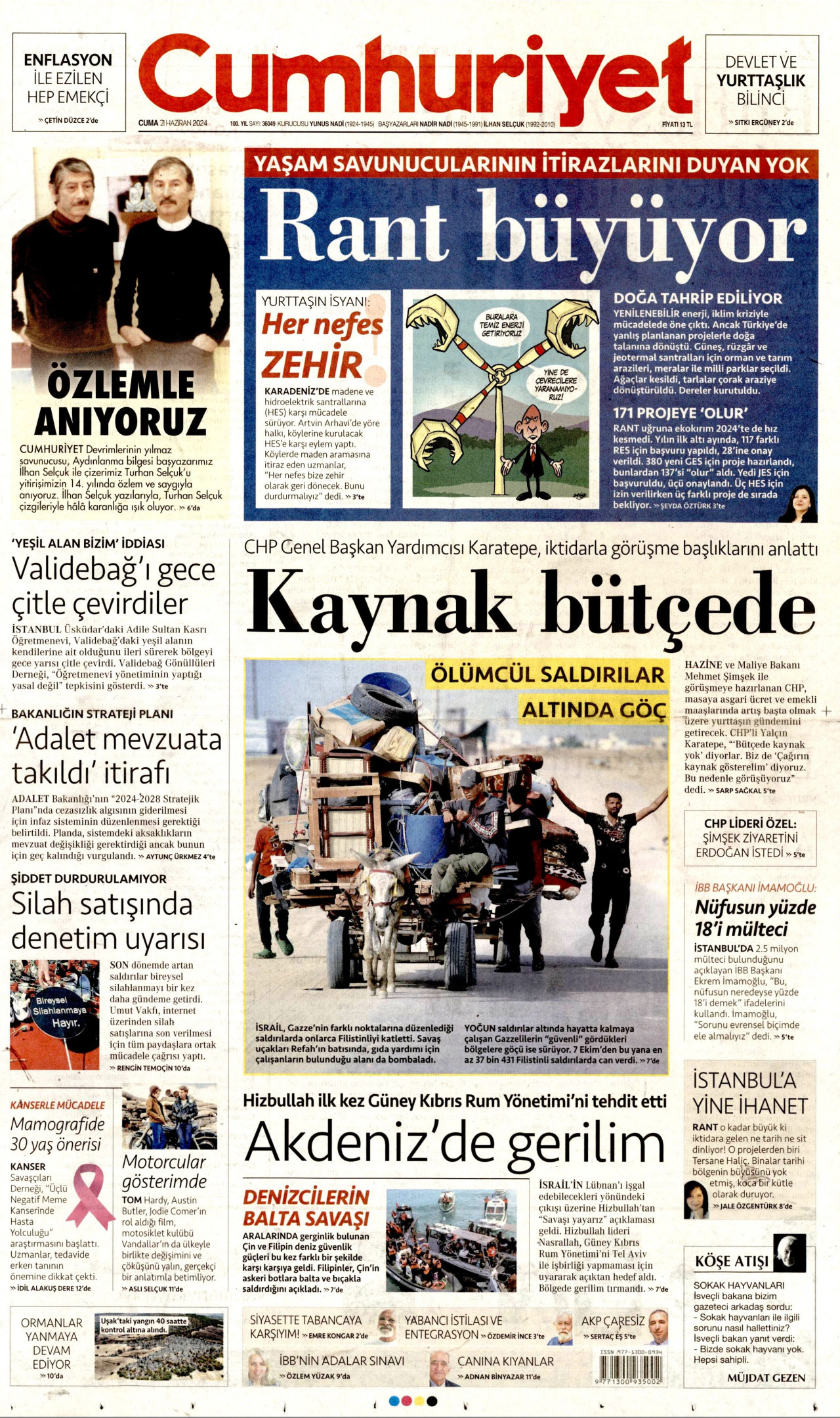 CUMHURİYET gazetesinin 21 Haziran 2024 tarihli birinci sayfası