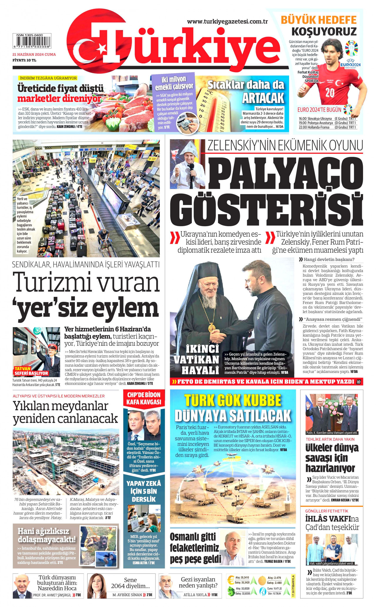 TÜRKİYE GAZETESİ gazetesinin 21 Haziran 2024 tarihli birinci sayfası