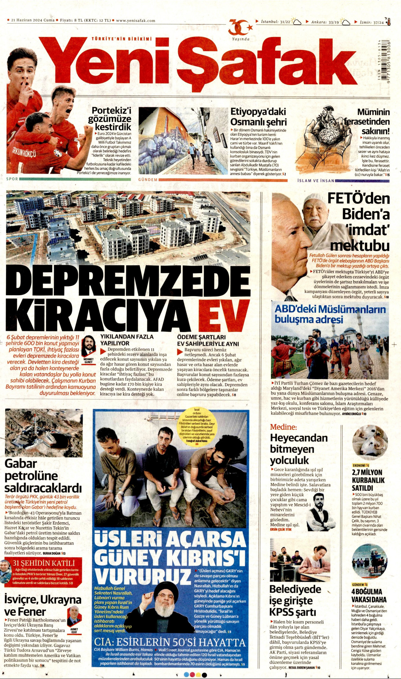 YENİ ŞAFAK gazetesinin 21 Haziran 2024 tarihli birinci sayfası